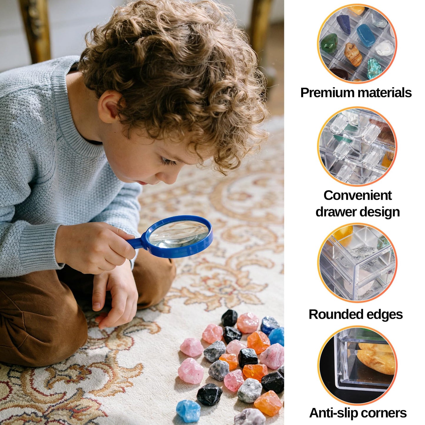 Legrape Rock Collection Box for Kids, 120 Grid Rock Collection Display Case, Clear Rock Storage Box for Gemstones Fossils Minerals