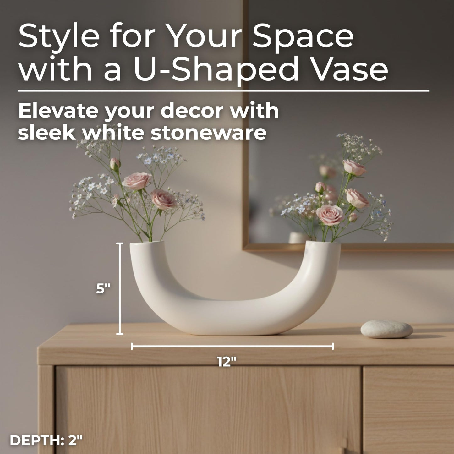 Ceramic Vase – Flower Holder for Shelf Or Table, Living Room Or Bedroom Decor, Modern U-Shape Design Home Decor Accent for Styling Books and Trays – 12" x 3" x 5", White