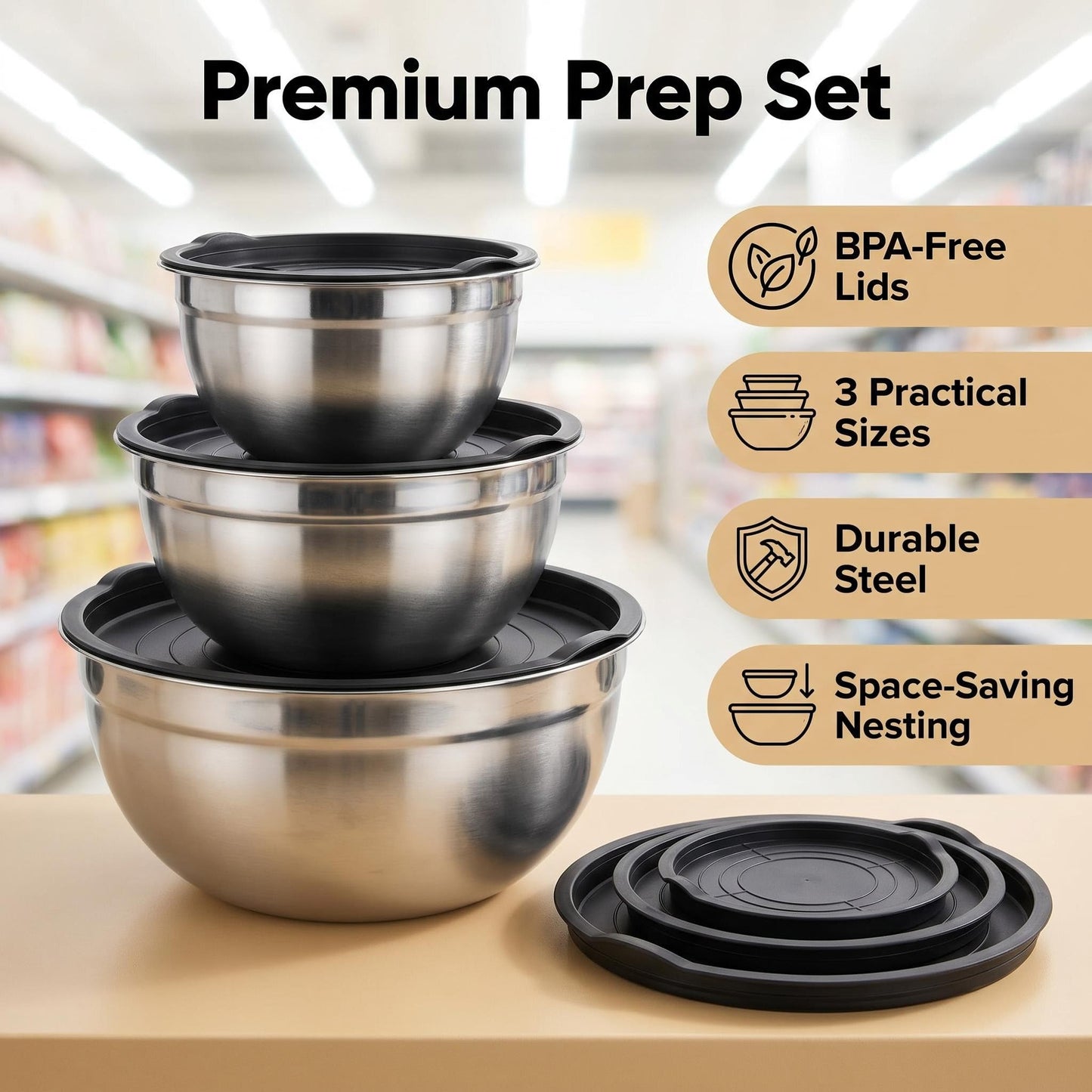XAUZIX Mixing Bowls with Lids Set of 3, Stainless Steel Nesting Bowls with BPA-Free TPE Lids, 1.5/2.5/5 QT Kitchen Bowls for Baking, Salad Prep, Meal Prep, Mixing and Storage