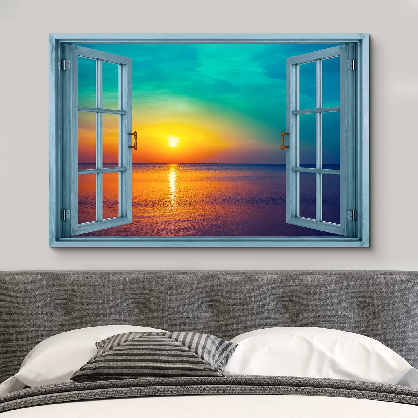 wall26 Canvas Print Wall Art Window View Teal Orange Sunset Over Tropical Ocean Wilderness Nature Photography Realism Scenic Landscape Colorful Multicolor for Living Room, Bedroom, Office - 24"x36"