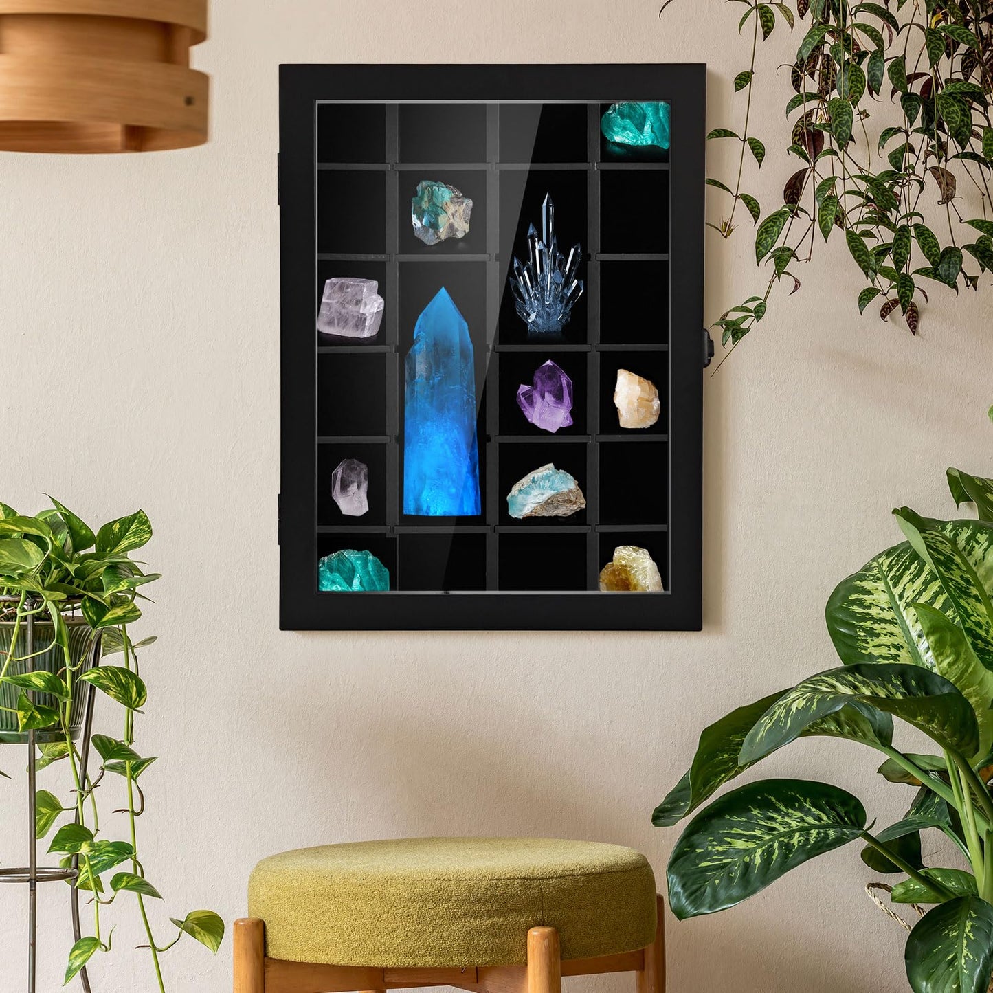 Adjustable Rock Display Case with Acrylic Doors, Wall-Mountable Cabinet with Removable Shelves for Small and Large Rocks, Showcase for Rock and Mineral Collectors