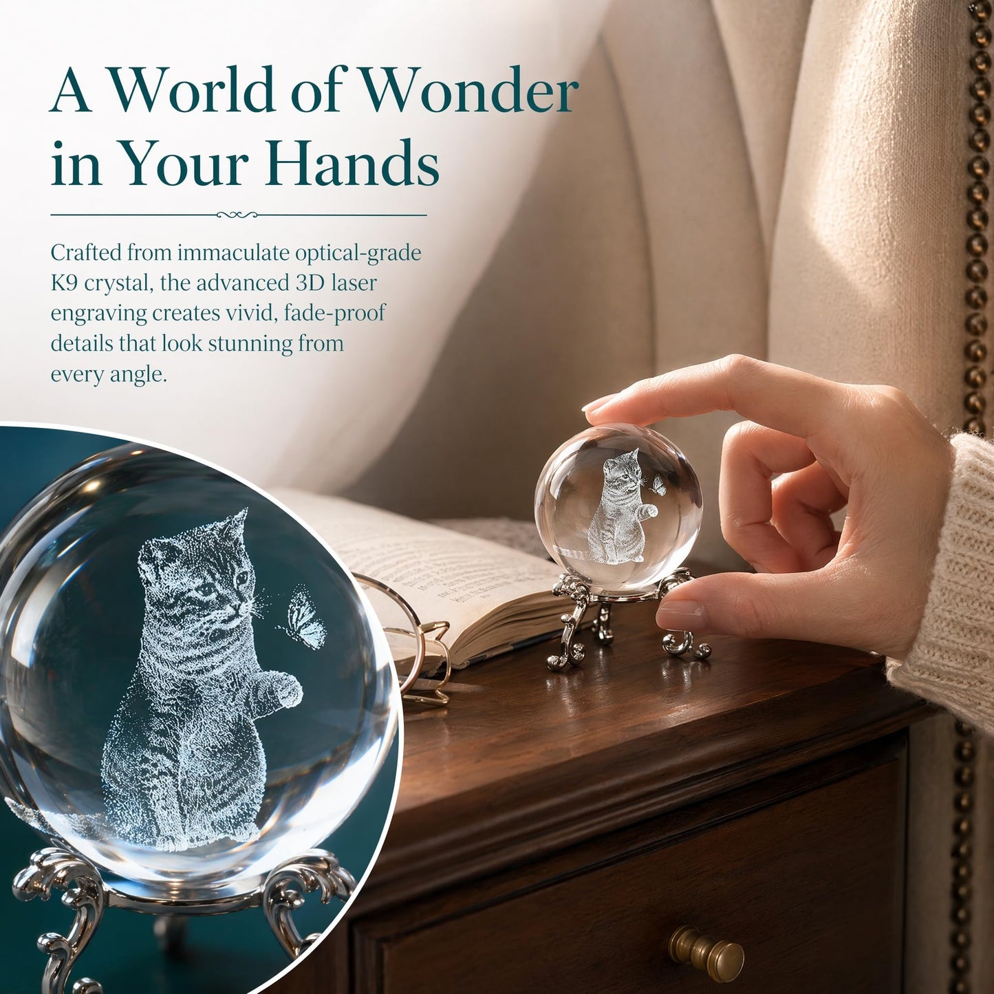vskikris 2-Piece 3D Laser Cat Crystal Ball Paperweight with Silver Stand