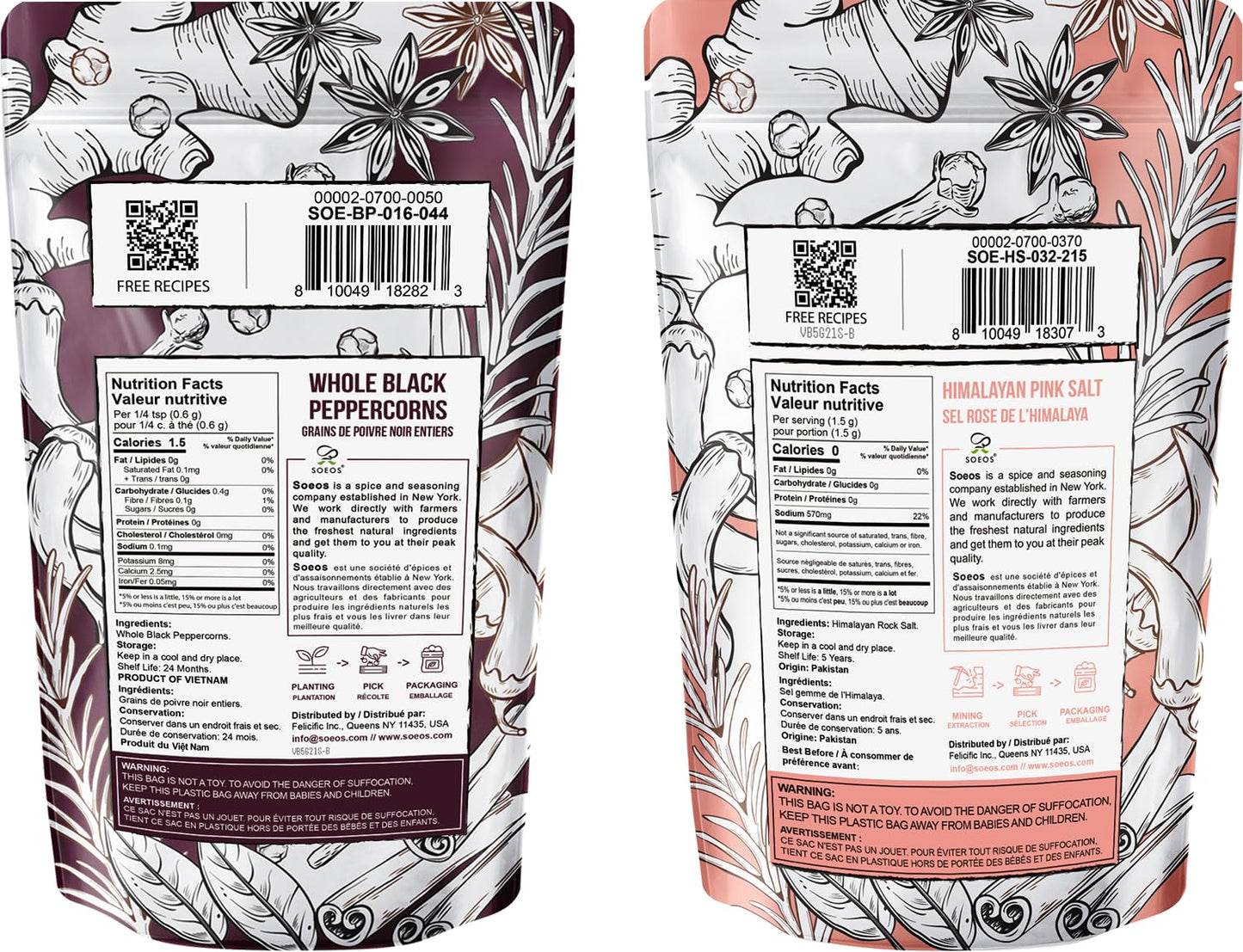 Soeos Whole Black Peppercorns 12oz + Himalayan Pink Salt 2lb, Salt and Pepper for Grinders, Black Peppercorn Refil, Pink Himalayan Sea Salt, 2 Piece Set
