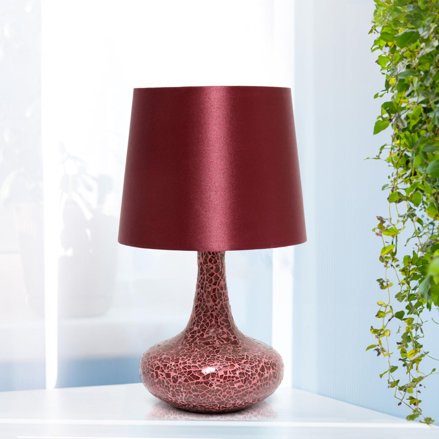 Simple Designs LT3039-RED-LB 14.17" Mosaic Tiled Glass Genie Table Lamp with LED Bulb, Red