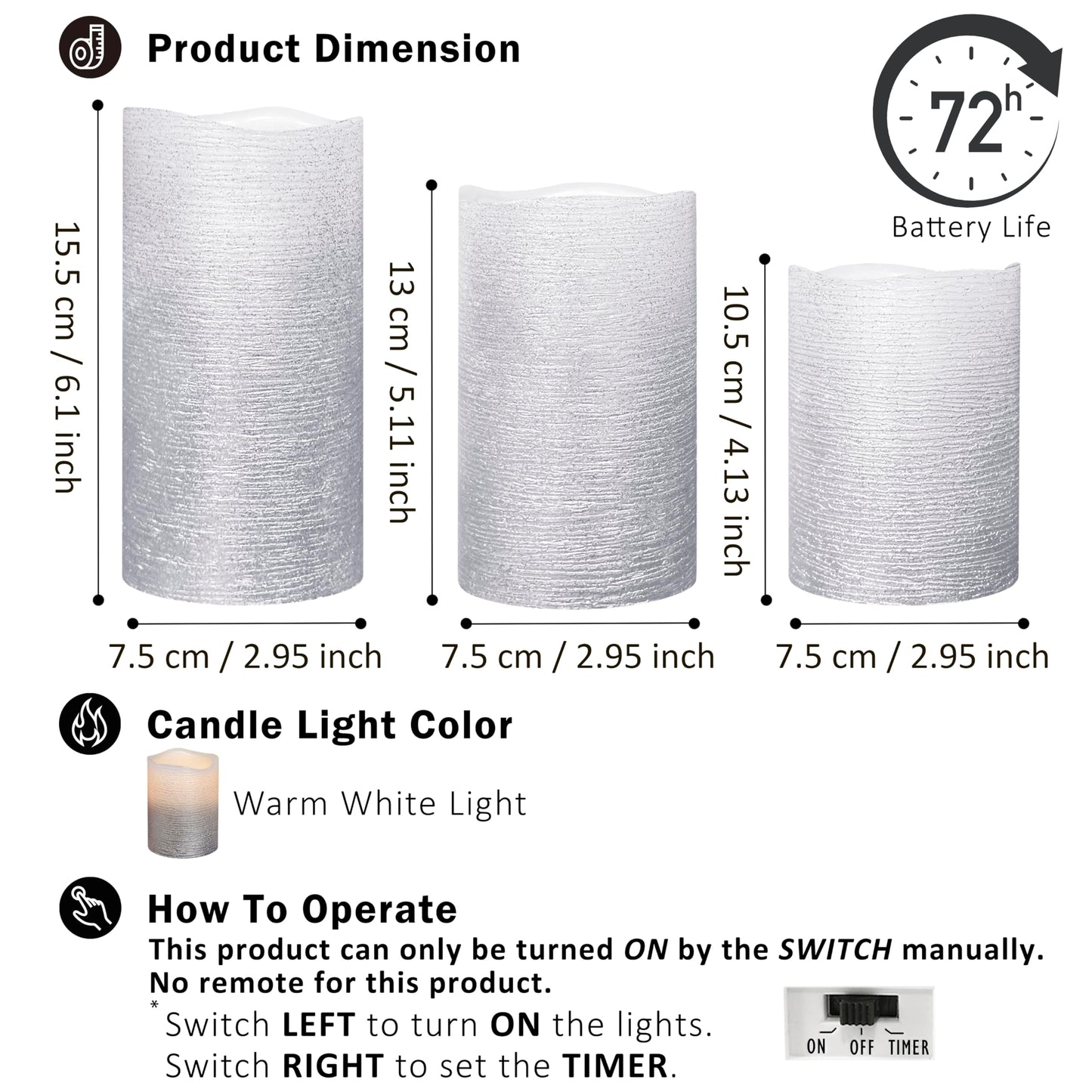 FURORA LIGHTING Silver Glitter Real Wax LED Pillar with 5/19 Timer