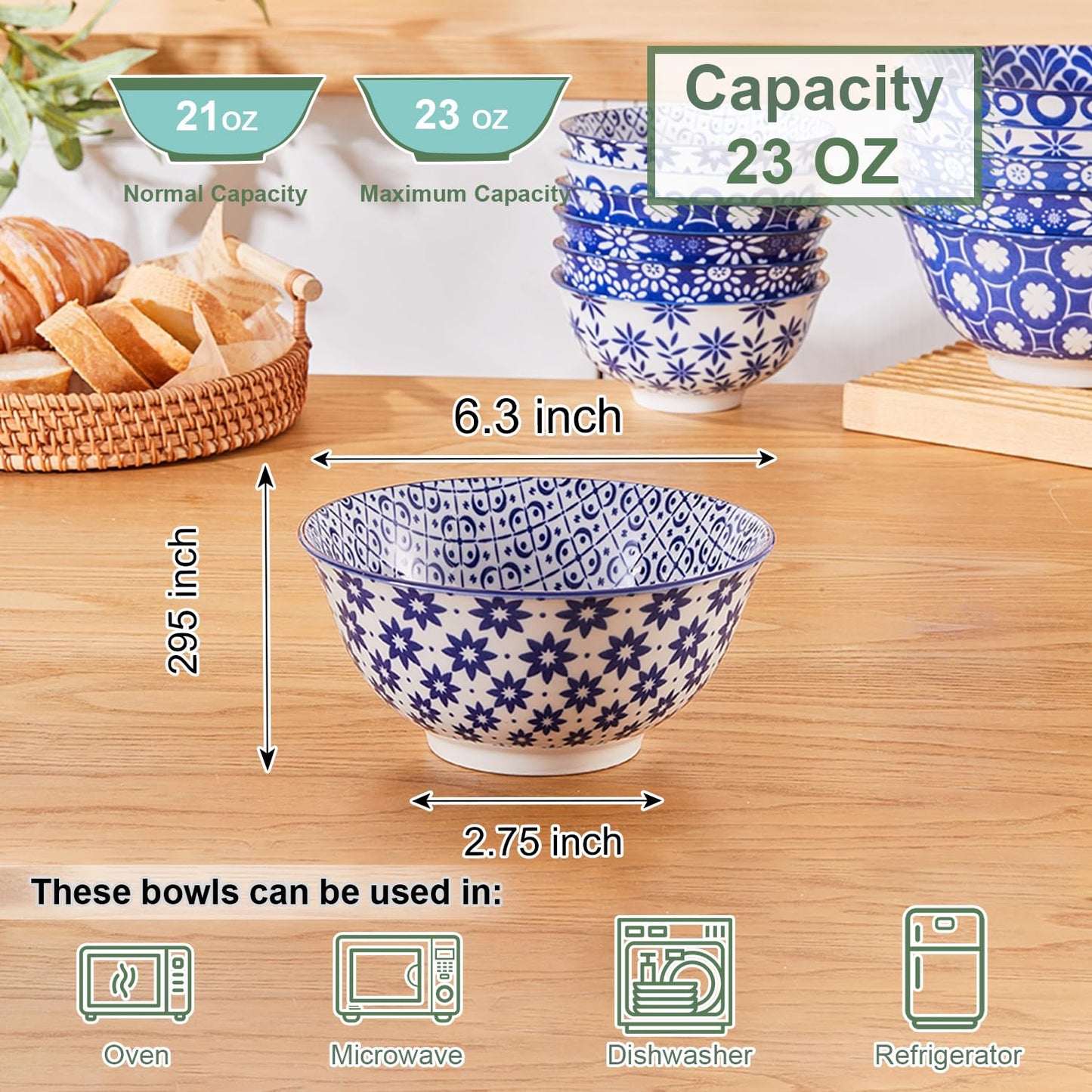 AntoKueh 6 inches Blue and White Ceramic Bowls, 23Oz Deep Cereal Porcelain Bowls set of 6, Large Soup Bowls for Salad, Fruit, Vintage, Party Tableware