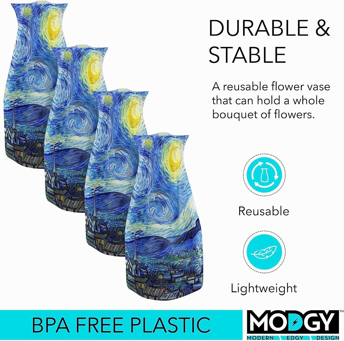 MODGY Expandable Flower Vase, Plastic Decorative Modern Foldable Printed Vases for Centerpieces for Wedding, Dining Table, Home Decor, Living Room, Bathroom, Starry Night, Vincent Van Gogh, 4 Pack