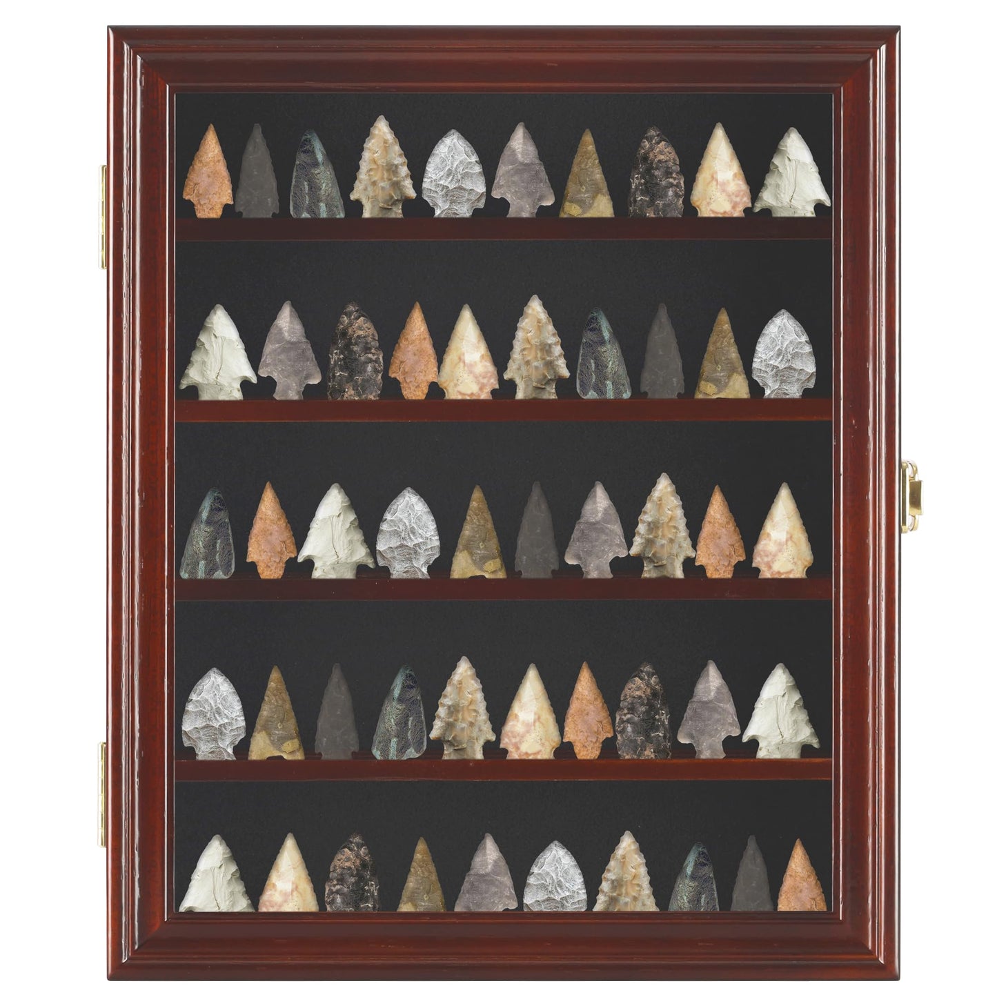 Arrowhead Display Case Native American Shadow Box Wall Mount Cabinet with UV Protection for Agate Opal Stone Arrowheads Spear Points (Mahogany Finish)