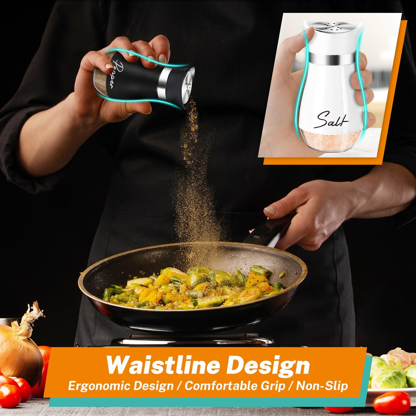 Salt and Pepper Shakers Set with Holder,4 oz Bottom Salt Shaker with Stainless Steel Lid for Kitchen Gadgets Cooking Table Housewarming Gift Christmas Decor Refillable Design (Black + White)