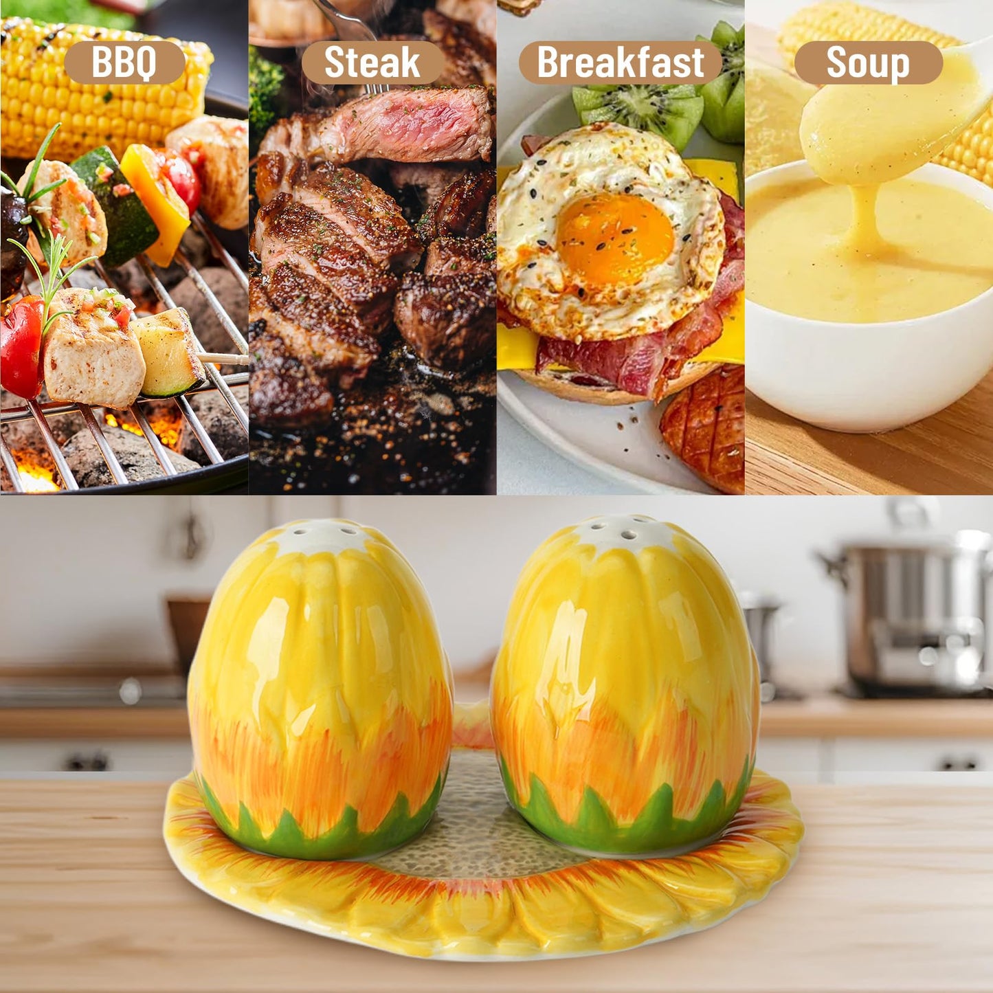 Hand-Painted Sunflower Ceramic Salt and Pepper Shaker Set - Farmhouse Kitchen Decor,Includes Storage Tray, Perfect Housewarming & Hostess,Birthday Gift