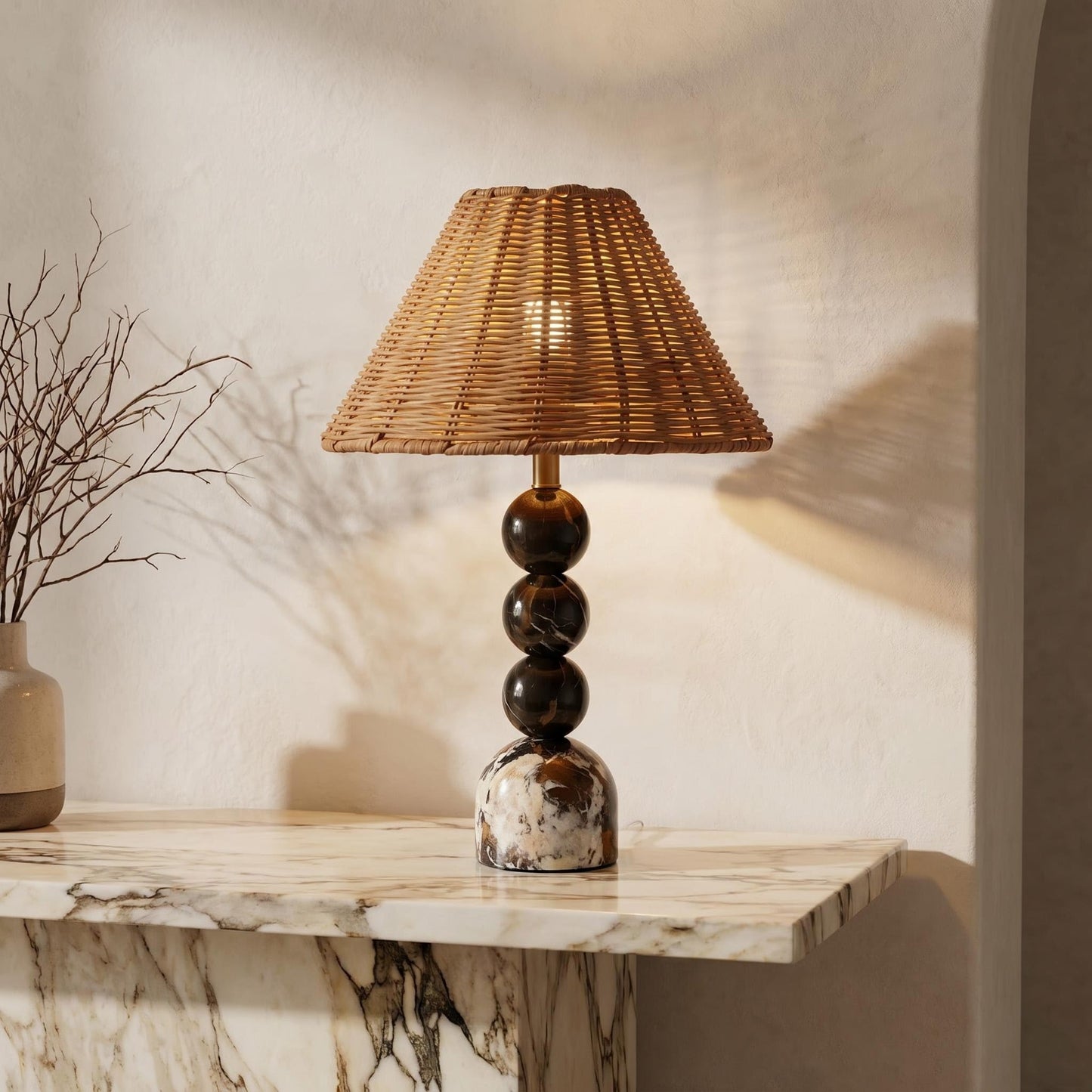 Calacatta Marble Stacked Ball Table Lamp - Hand-Woven Rattan Shade, 15" Stone Margot Artistic Vintage Lamp Luxury for Bedroom Living Room, Counter, Console, Entryway, Gift (Calacatta Viola Marble)