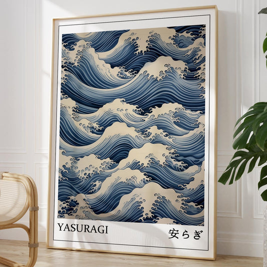 Blue Waves Wall Art Japandi Print Japanese Blue and White Posters Wabi Sabi Canvas Abstract Vintage Waves Wall Art Japanese Wave Print Aesthetic Blue Paintings for Office Wall Decor 16x24inch No Frame