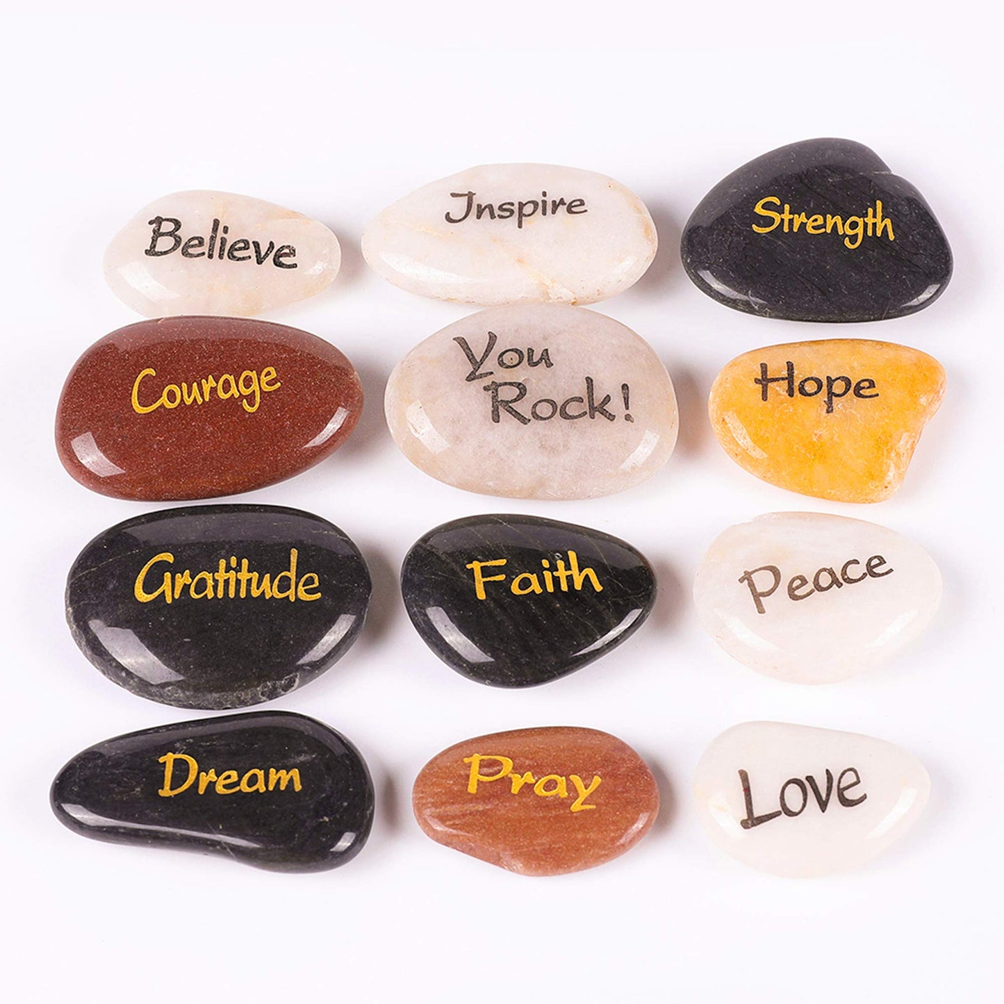 ROCKIMPACT 12 Engraved Inspirational Stones, Pocket Size Highly Polished Natural River Rock, Faith Stone Bulk Lot (Set of 12, 12 Different Sayings)