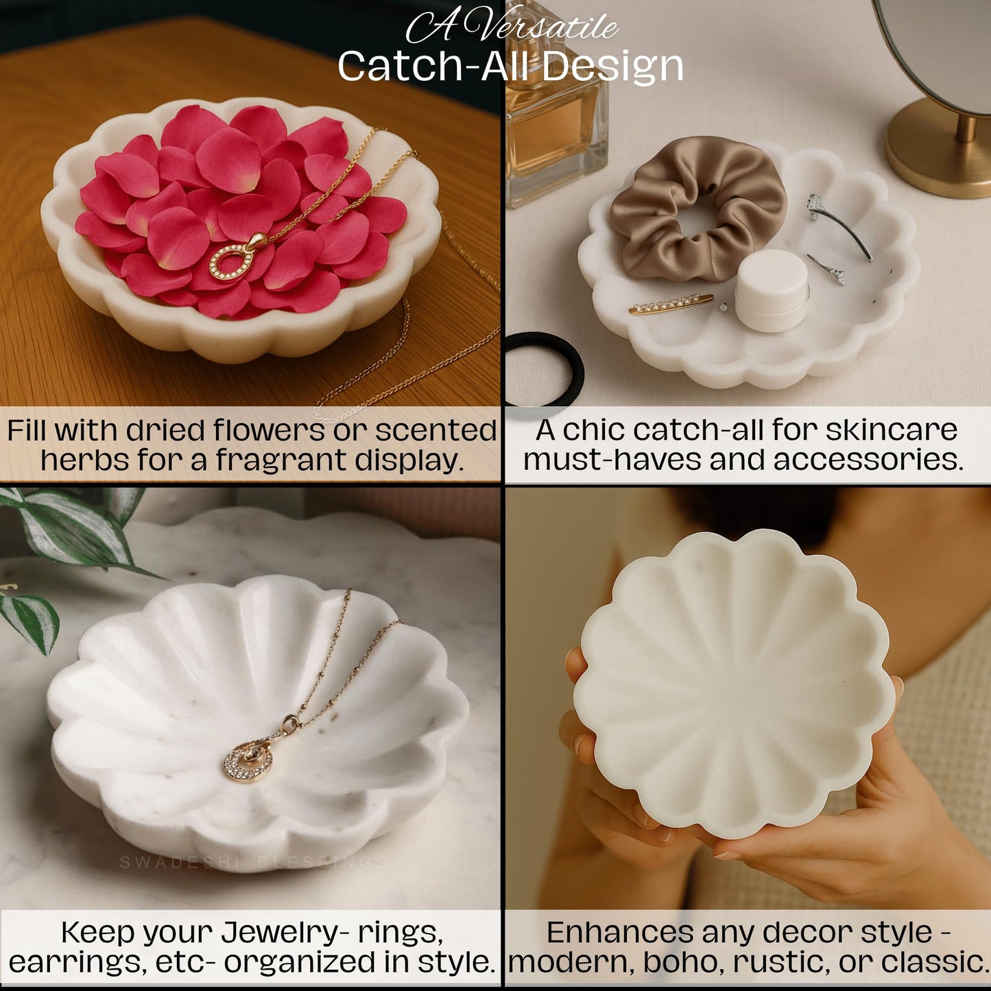 Handcrafted Marble Jewelry Tray, Decorative Trinket Dish for Rings Earrings Necklace Bracelet, Key Bowl, Ideal Gift for Mother Sister Daughter Friends, Birthday Wedding Christmas 5"