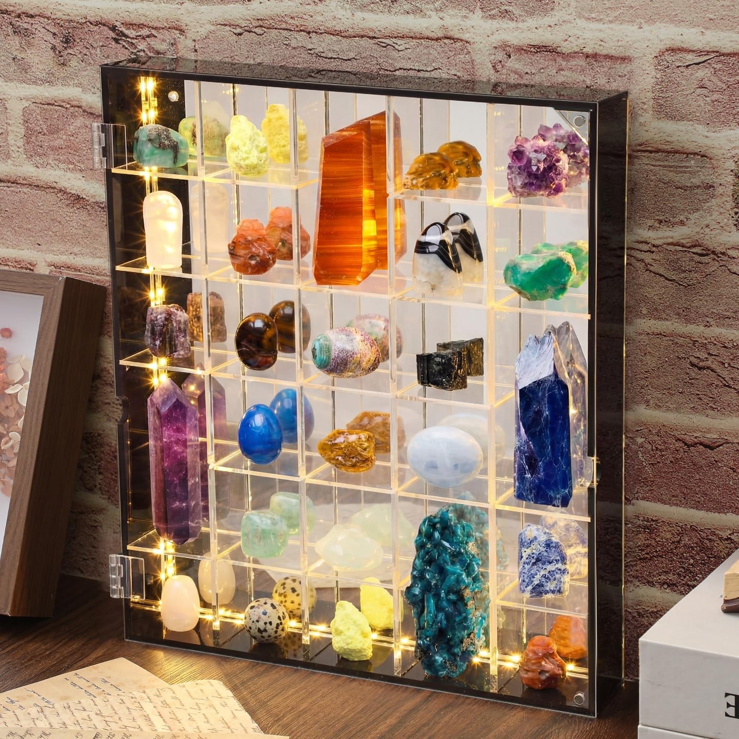 Cinnvoice Rock Display Case LED Adjustable Acrylic Display Case with Mirrored Crystal Organizer for Collectible, Mineral Crystal, Stones, Wall Mount, Magnetic Door