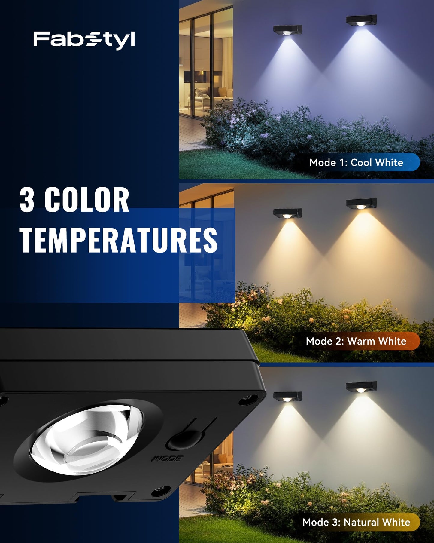 FabStyl Solar Fence Lights Outdoor, 3000/4500/6000K 3 Mode, Fence Lights Solar Powered for Outside Backyard, Railing, Step, Patio, Fence Post, Home Improvement Garden Decor，8 Pack