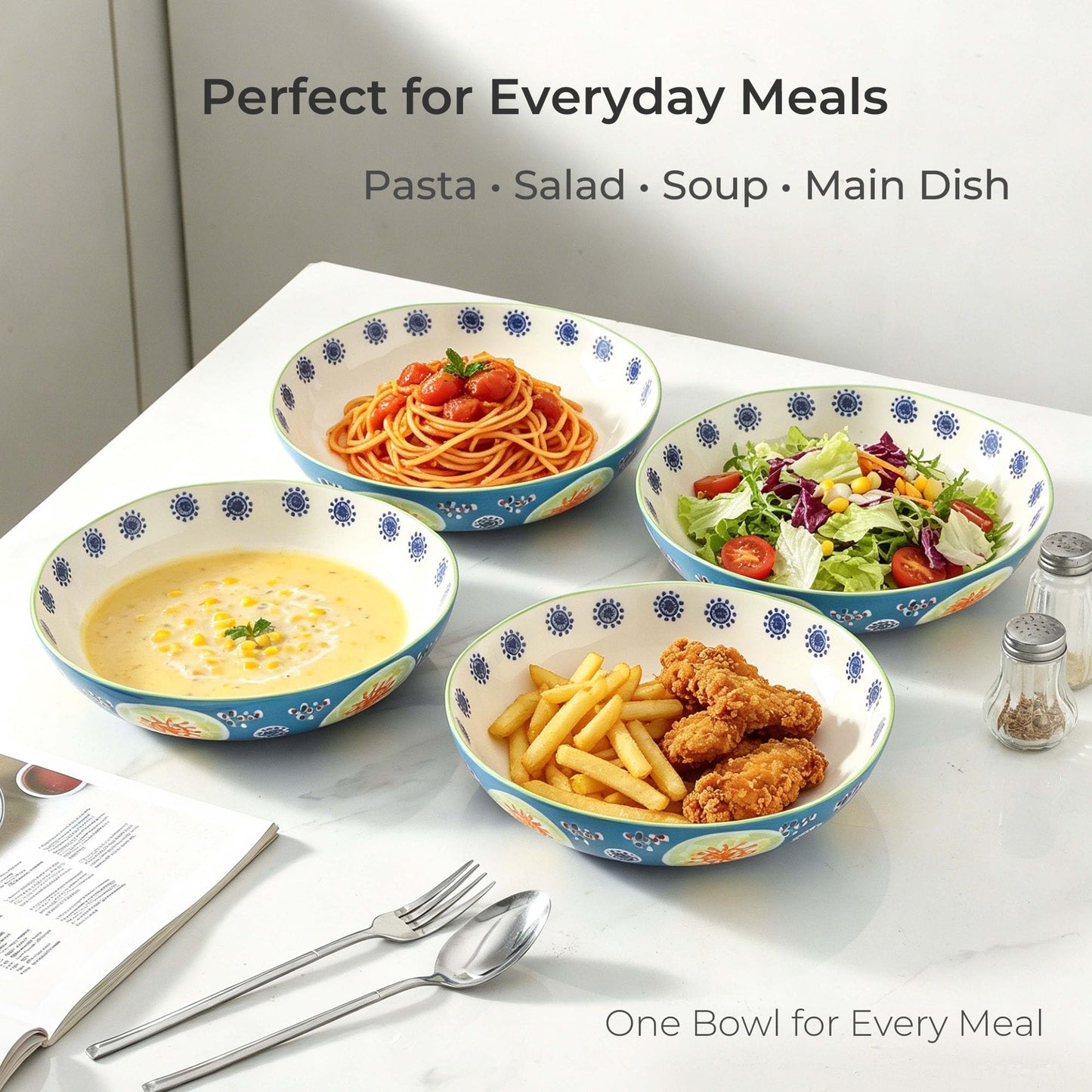 Hand-Painted 9 Inch Soup and Pasta Plate Set of 4,Wide and Gently Deep Ceramic Dinner Plates for Salad Breakfast Everyday Meals,Microwave Oven Safe up to 480°F,Lead-Free Stoneware,Giftable Ocean Blue