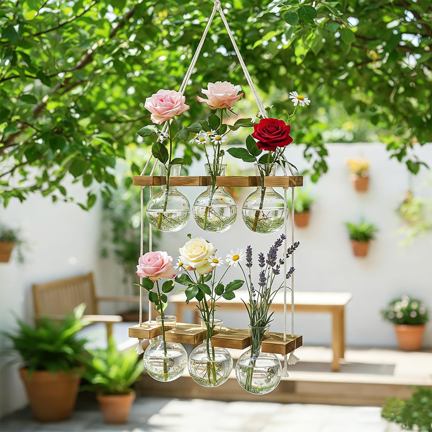 Renmxj Plant Propagation Station Wall Hanging with 2 Tiered Wooden Stand