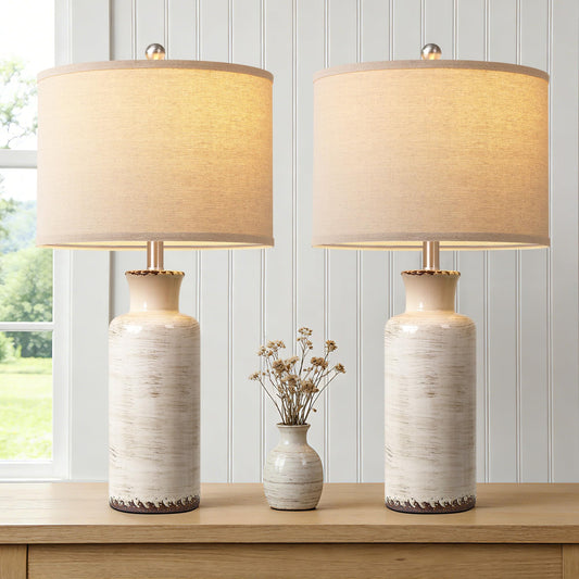 QiMH 25" Modern Lamps for Living Room, Unique Flowing Glazes Ceramic Table Lamp Set of 2 with Linen Lampshade, Beige Rustic Farmhouse Beside Lamps for Bedroom Nightstand Home Decor(Bulb Included)