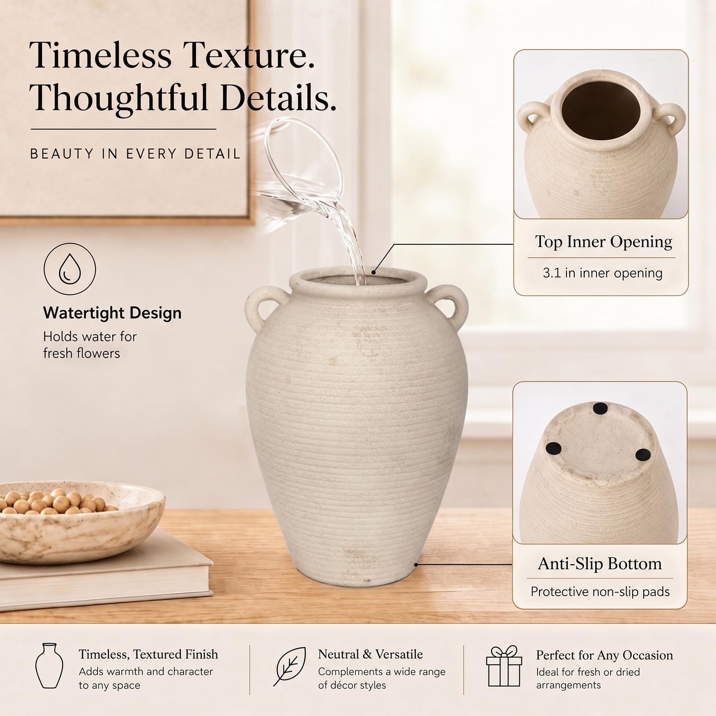 GreenSicilia 8.7" Ceramic Vase with Handles, Light Beige Terracotta