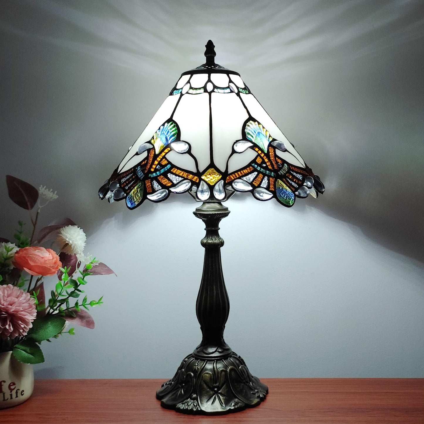 XPHMXP Tiffany Lamp White Baroque Style Stained Glass Lamp 12X12X19 inch Vintage Bedroom Table lamp 3-Way Tiffany Style Reading Desk Light for Home Living Room Office Include Light Bulb
