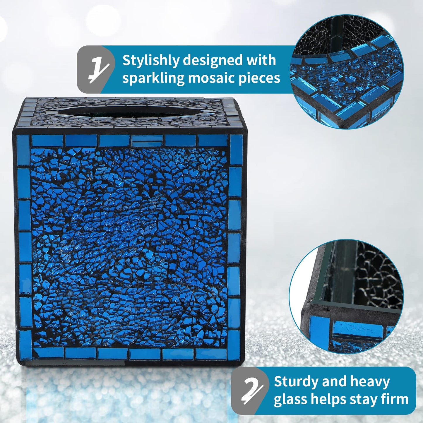 MDLUU Mosaic Glass Tissue Box Holder, Decorative Tissue Box Cover, Square Tissue Dispenser for Bathroom, Bedroom, Living Room (Navy Blue)