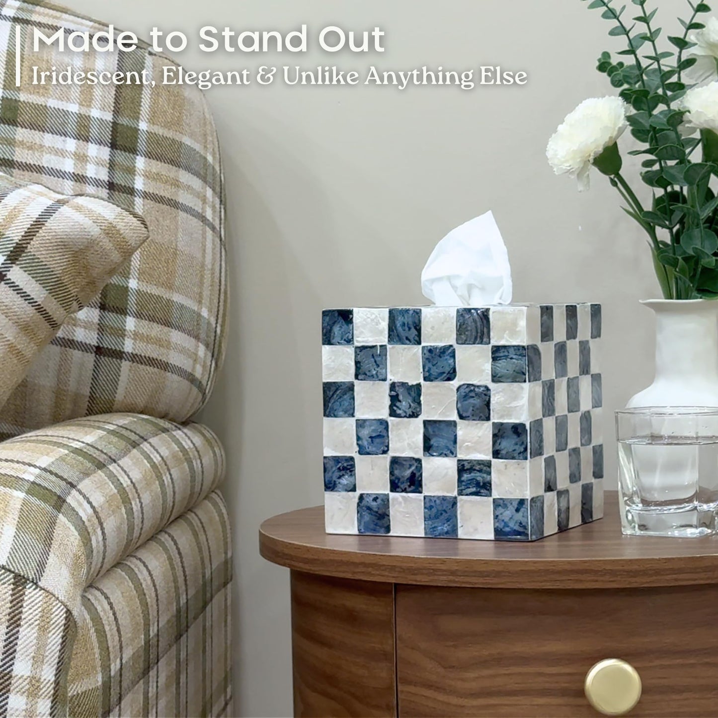 CHI AN HOME 5.5" Square Tissue Box Cover, Handmade Checkered Cube Tissue Box Cover with Capiz Shells, Decorative Mother of Pearl Tissue Holder for Living Room, Bathroom, Bedroom or Office (Navy Blue)
