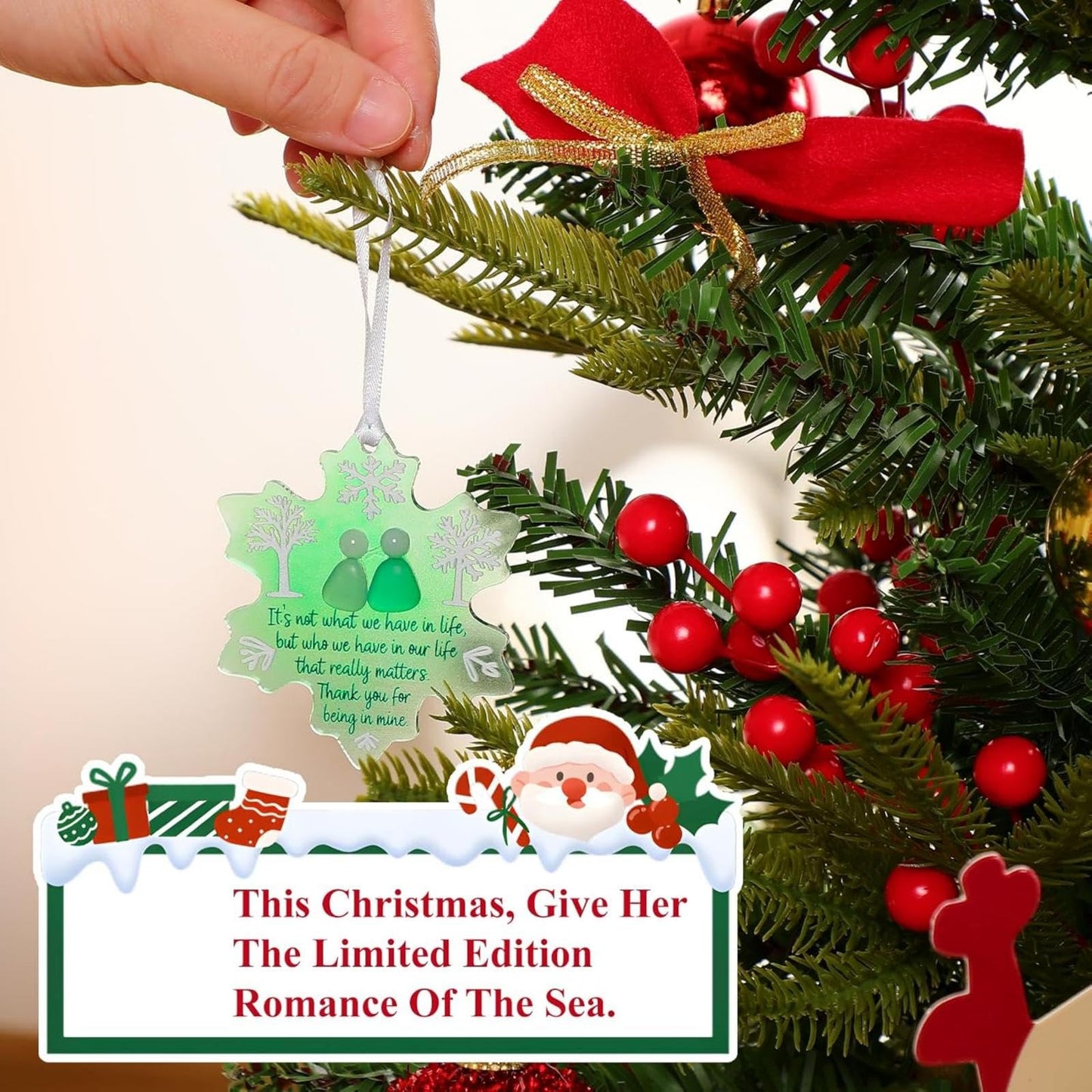 Friendship Snowflake Keepsake Ornament, Sea Glass Friendship Decor, Christmas Tree Seaglass Heart-Shaped Hanging Decorations for Best Friends, Friendsgiving Gifts for Bestie(2pcs A)