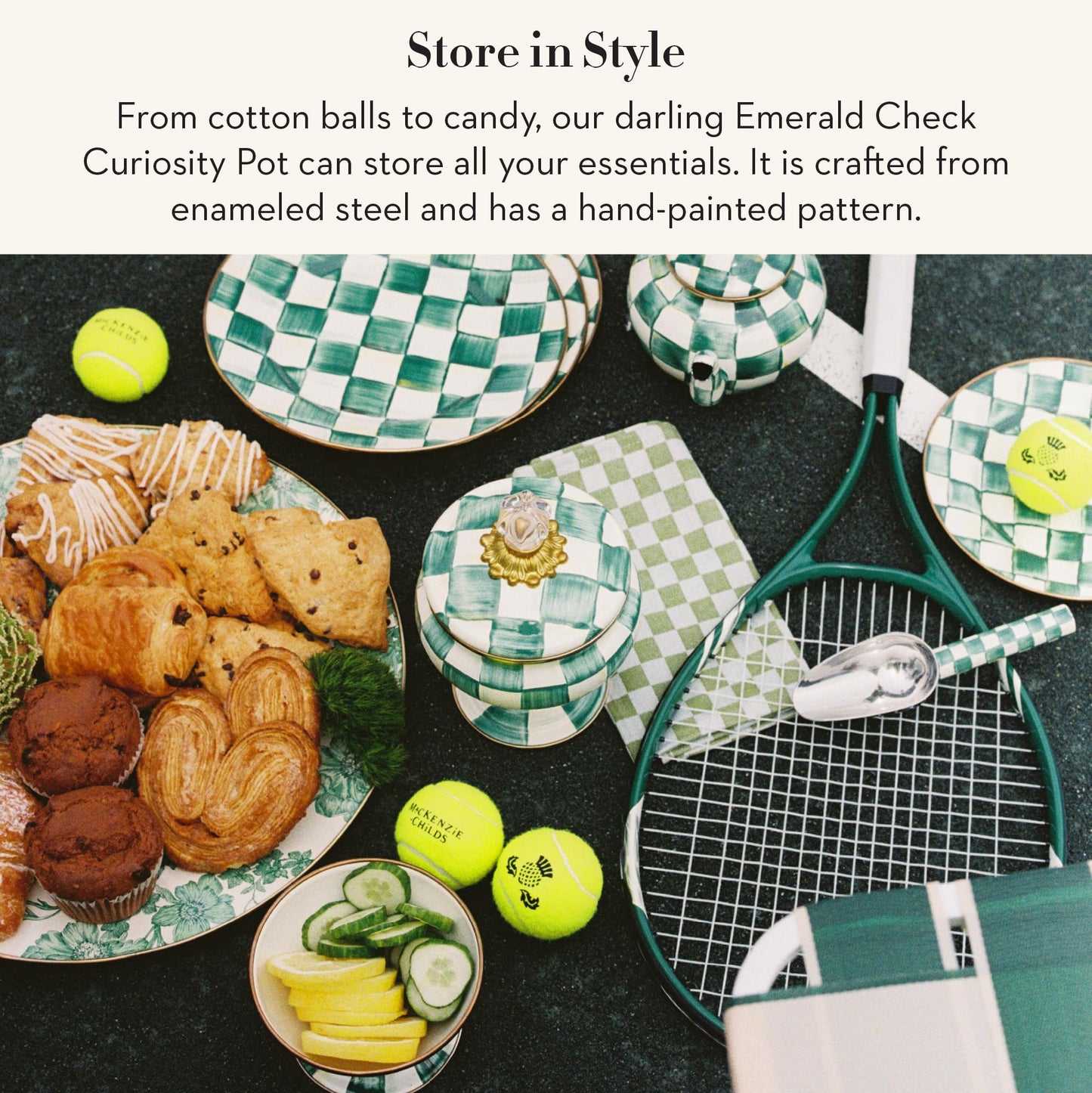 MACKENZIE-CHILDS Enamel Curiosity Pot, Decorative Container for Home Decor, Green-and-White Emerald Check