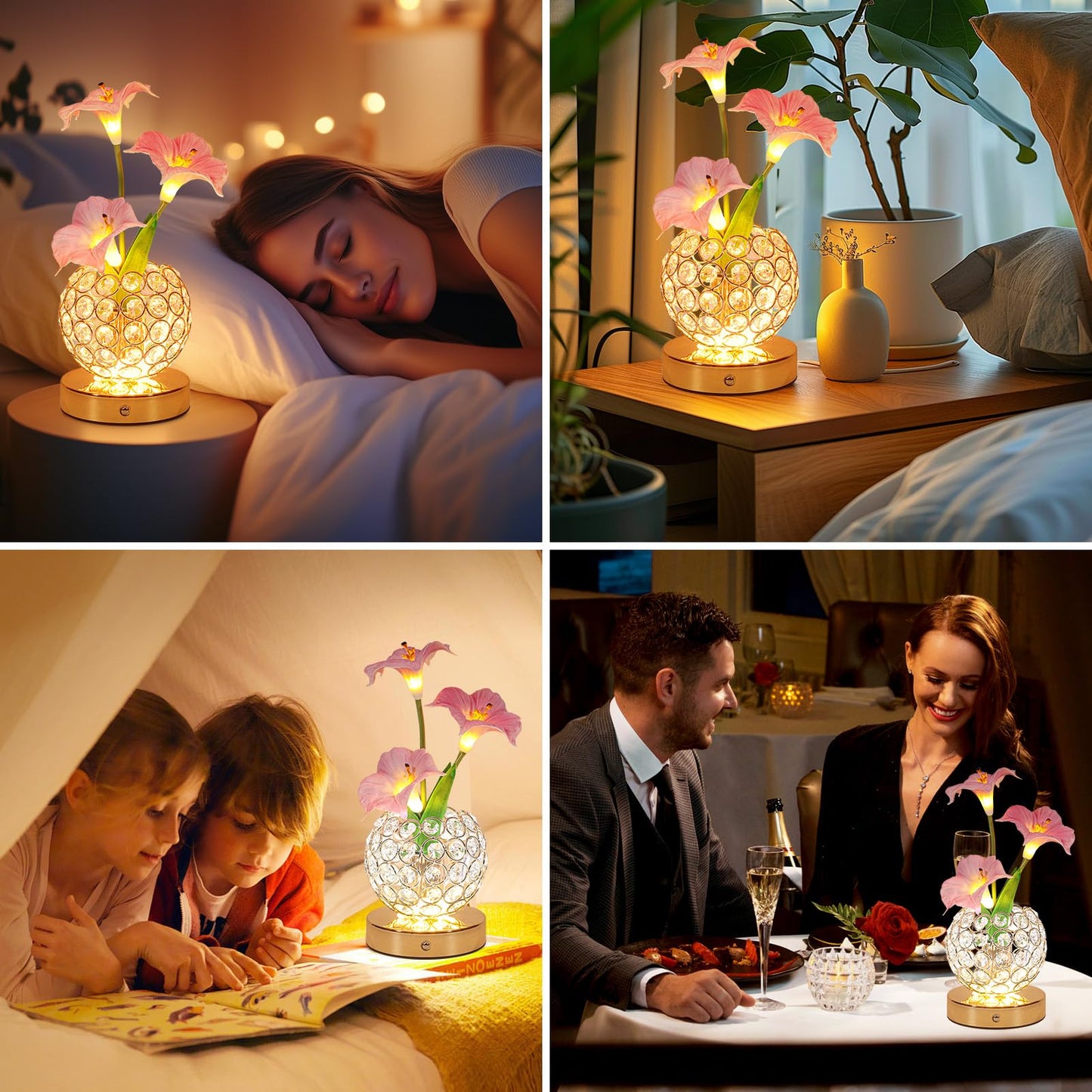 Lazzgan Pink Morning Glory Flowers Table Lamp, Rechargeable Cordless Touch Artificial Flower Crystal Lamp, Kitchen Bedroom Office Decor House Night Light, Birthday Gifts for Women Mom