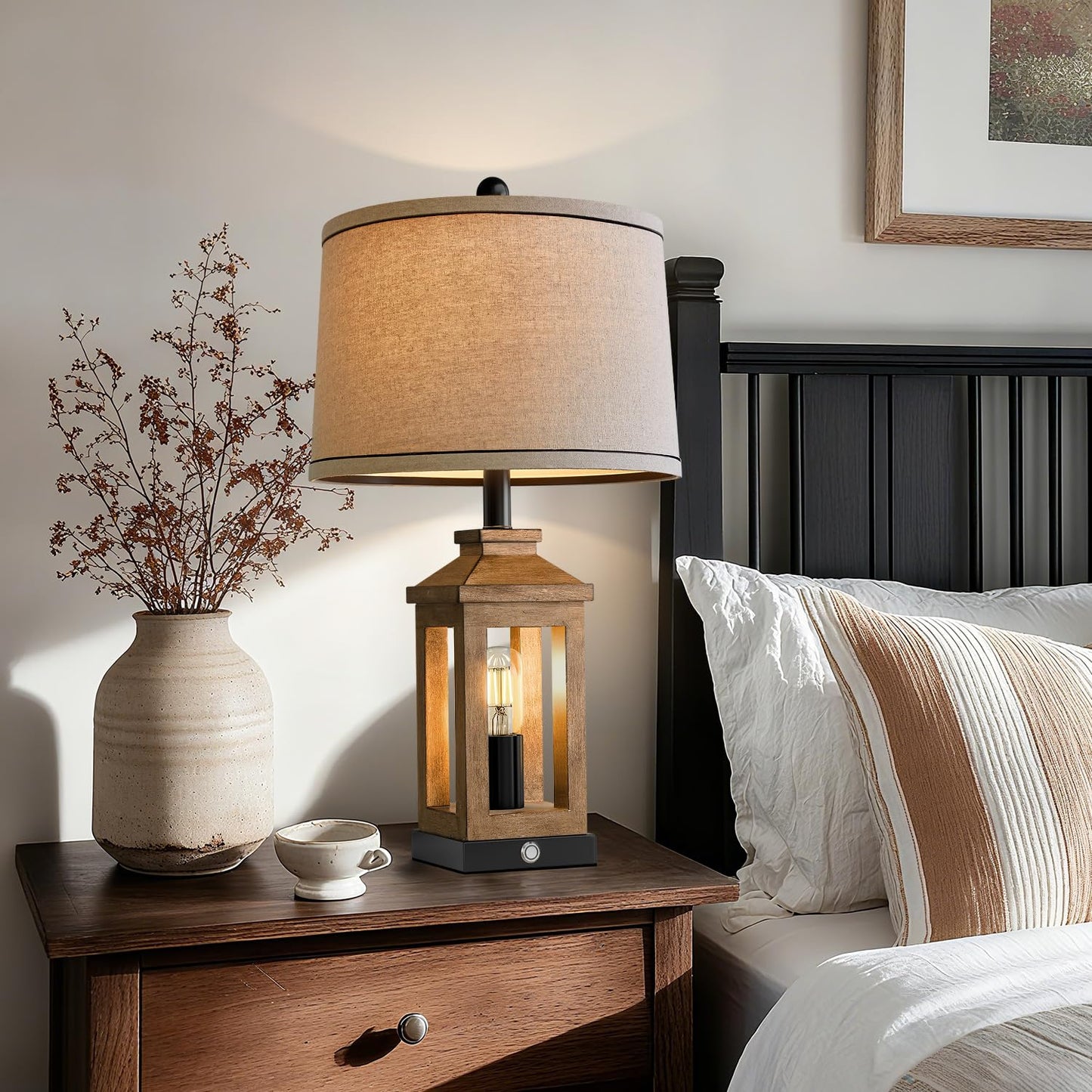 BOBOMOMO 23.75" Natural Wood Farmhouse Table Lamps Set of 2 – Retro Nightstand Lamps with 3 Way Dimmable Touch Control Night Light & USB A+C Ports, Rustic Lamps for Living Room, Bedroom, Entryway