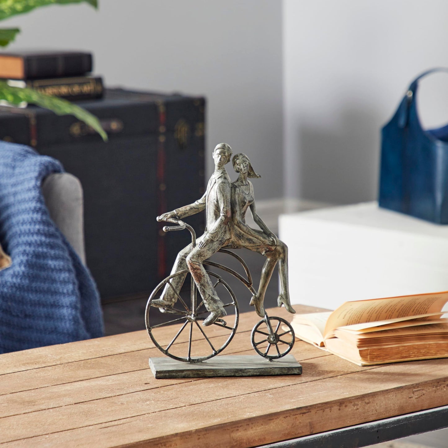 Deco 79 Polystone People Decorative Sculpture Home Decor Statue with Bike, Accent Figurine 9" x 5" x 13", Gray