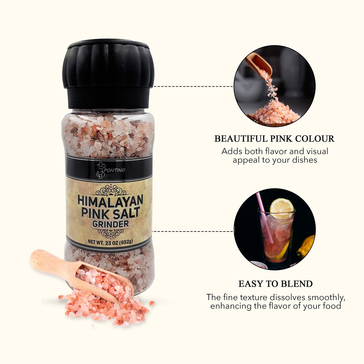 PONTINO Himalayan Pink Salt Grinder 23oz (652g), With Grinder Included Ready To Grind And Use, All Natural, Non-GMO, Packed To Keep It Fresh, Premium Quality