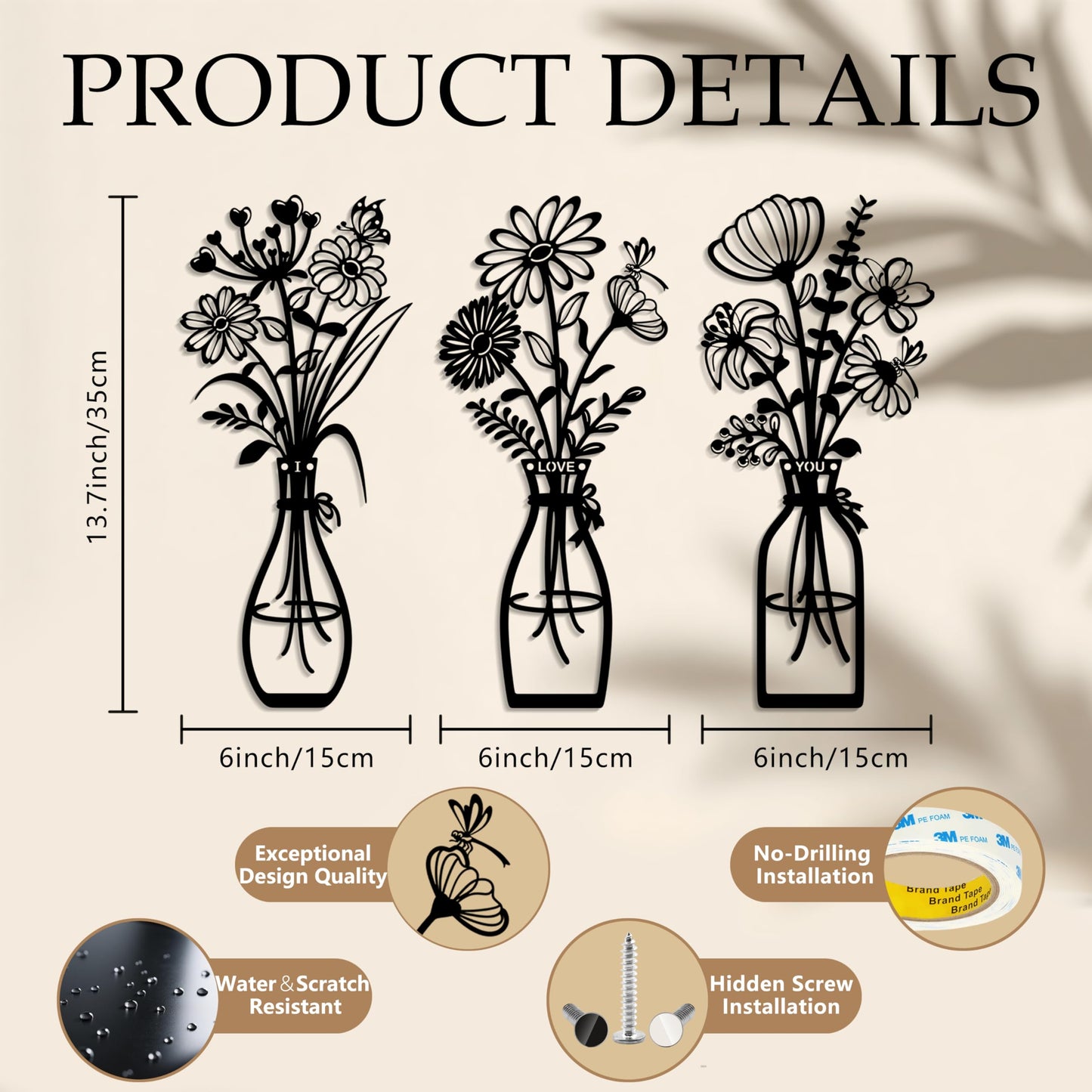 RIJINDOUJIN 3 Pieces Metal Flowers Wall Art Decor, Farmhouse Minimalist Bathroom Wall Decors Sculptures for Living Room Dining Room Bedroom Housewarming Gifts