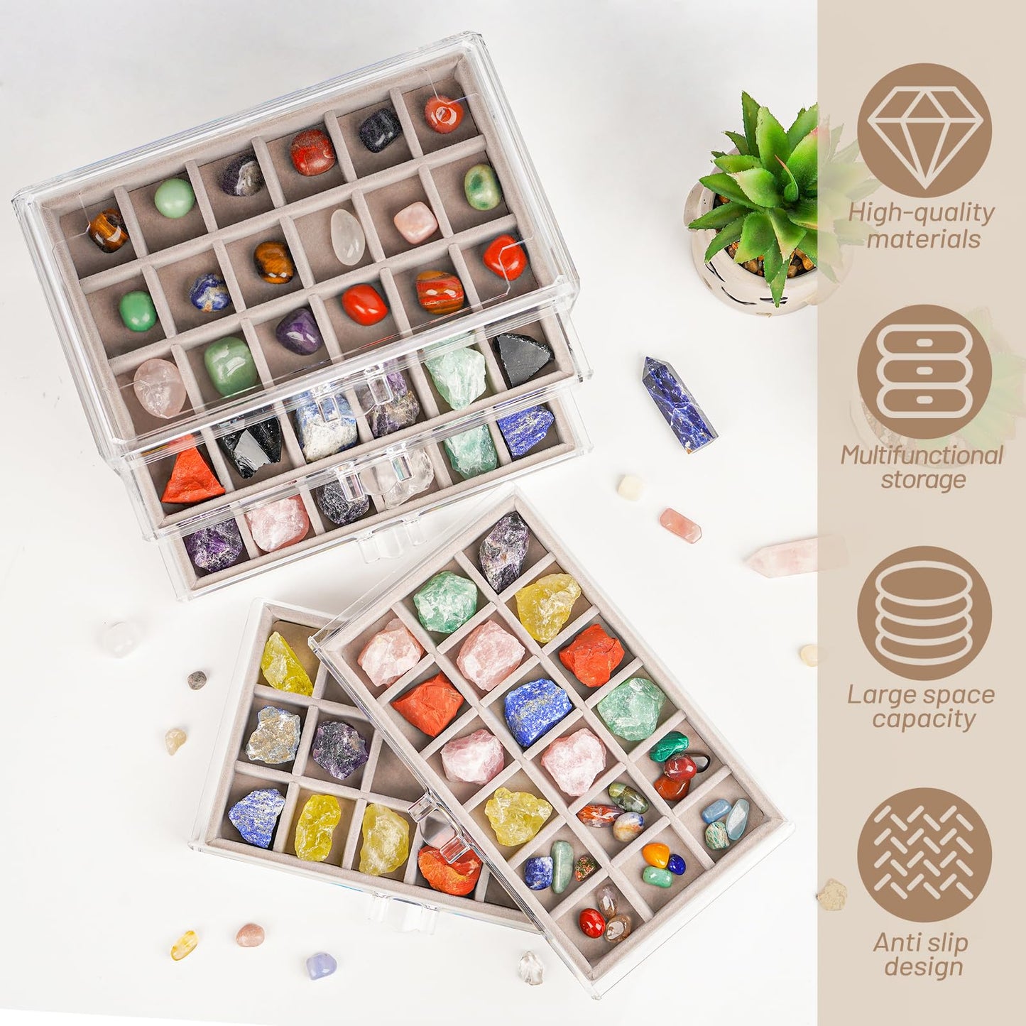 Bfttlity Acrylic Rock Display Case, 90 Grids Rock Collection Box for Kids, Clear Display Cases for Stones Collectibles Gemstone Crystals Storage Boxes (90 Grids)