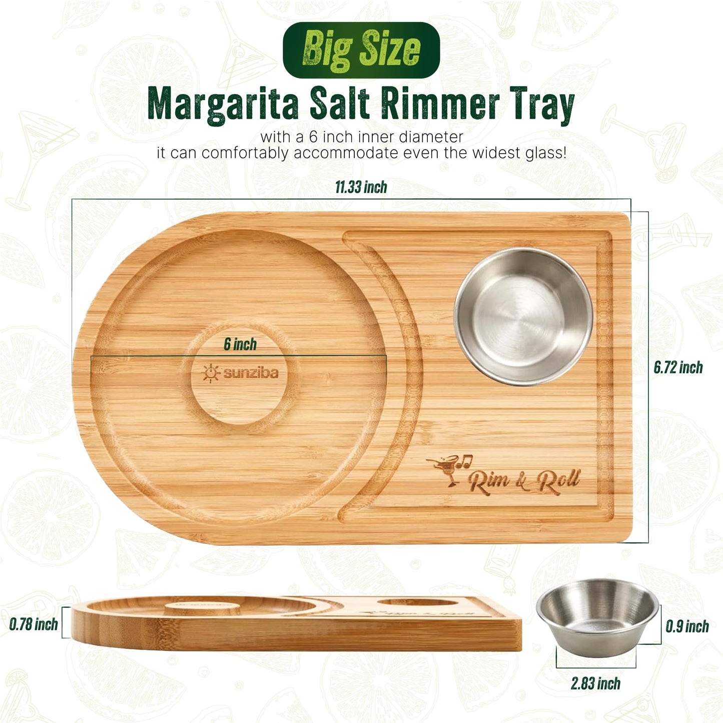 Sunziba Margarita Salt Rimmer Set for up to 6" Rims | Bamboo Salt Rimmer for Cocktails | Bartender Accessories & Home Bar Gift | Margarita Kit and Bartender Tool