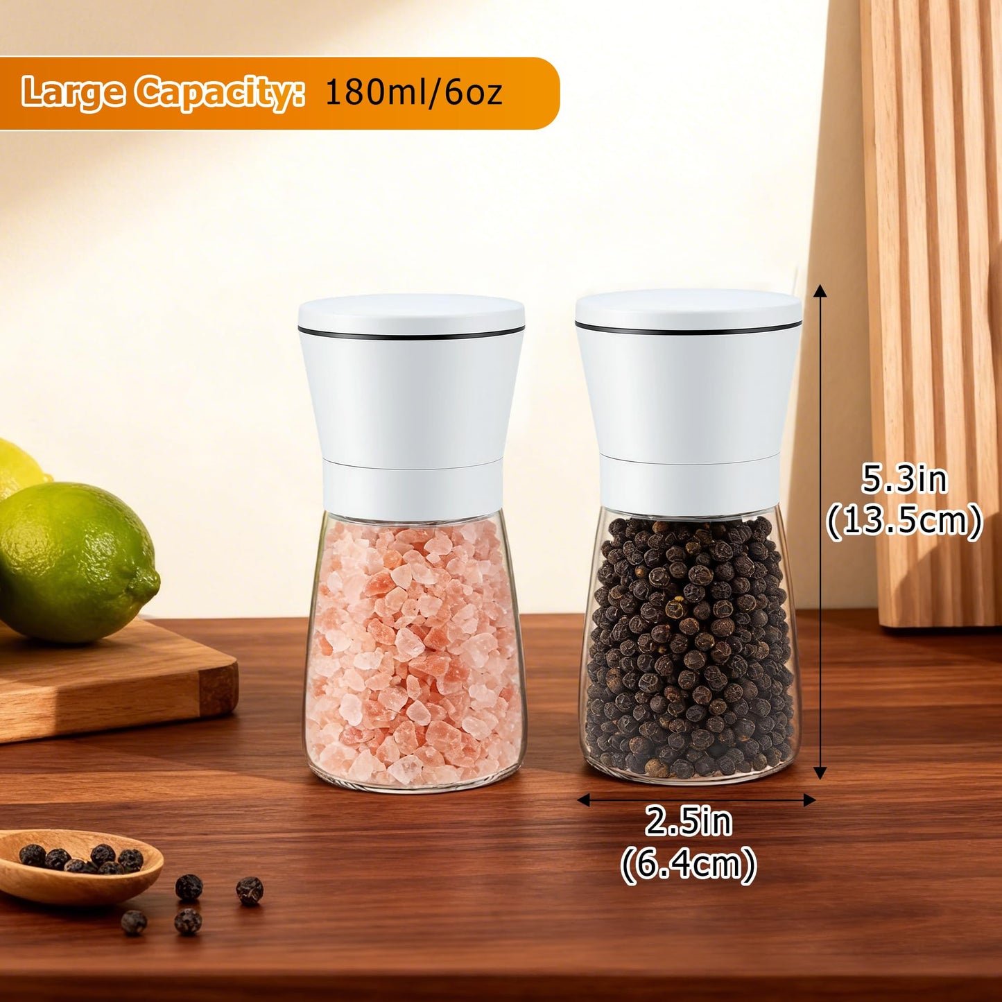 R DRURLCD White Salt and Pepper Grinder Set of 2, Manual Ceramic Spice Mills with Stainless Steel & Glass Body, Adjustable Grinding for Kitchen Decor & Gifts