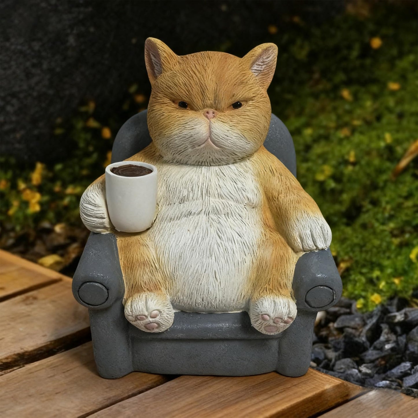 AmoroHui Hand-Painted Orange White Shatterproof Resin Cat Figurine with LED Light - Glowing Coffee Cup Design Outdoor Decor (5.1x4.1x5.5 Inch) (cat)