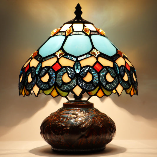 LXHCYOU Small Tiffany Table Lamp, 10X10X11 Inch Mini Stained Glass Mushroom Desk Light Memory Sympathy Ceramic lamp (Sapphire Style)