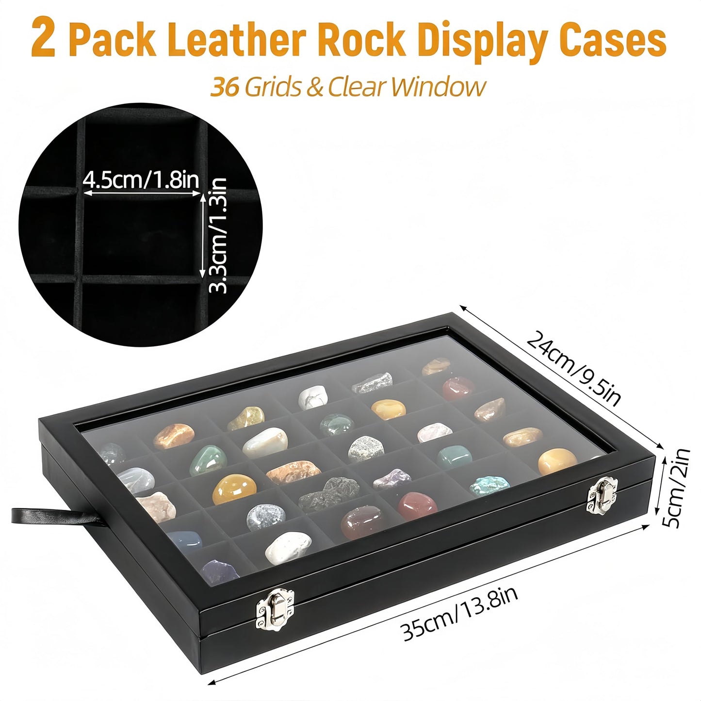Dmnnlp 2 Pack Rock Collection Display Case, 36 Grids PU Leather Rock Collection Box with Glass Lid and Velvet Lining, Crystal Storage Organizer for Gemstones, Tumbled Stones, Minerals, Fossil (Black)