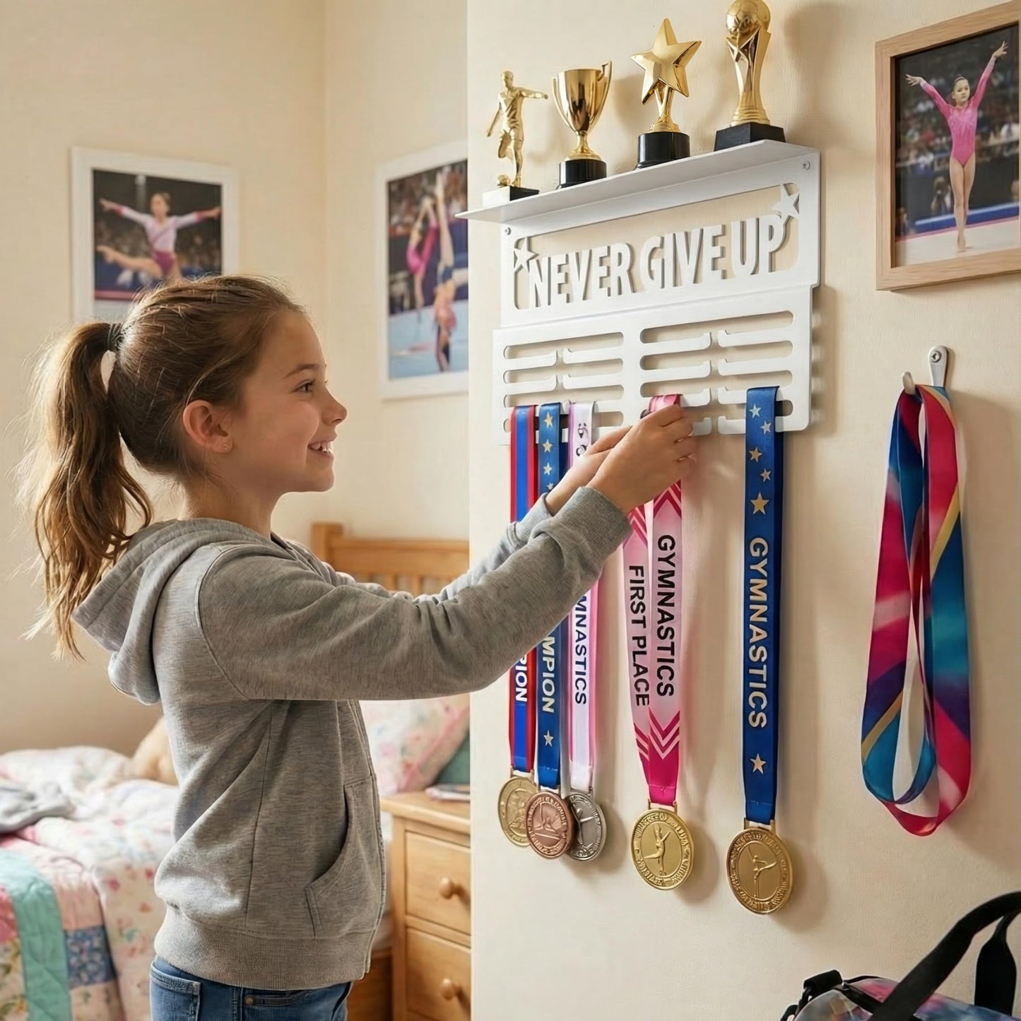 AGATHOS HOME White Medal Hanger Display with Shelf - Award Rack Trophy Shelf for Walls Holds 64+ Sports Medals - Never Give Up Wall Medal Holder for Gymnastics, Soccer, Marathon, Swimming, Soccer