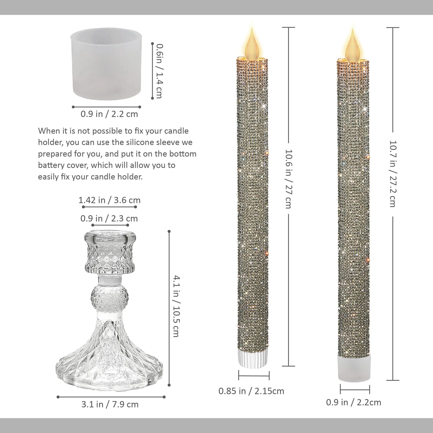 MISSTIME Flameless Taper Candles Wish Illuminated Holder-Glass Candle Holder, Remote Timer 2AA Battery Operated 500+ Hours for Thanksgiving/Xmas Decor, Wedding Centerpiece (Crystal Silver, 2 Pack)