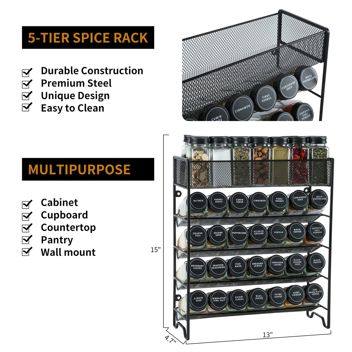 Skiileor Spice Rack Organizer with 28 Spice Jars, Black Lids，Spice Labels, Chalk pen and Funnel Set for Cabinet, Countertop, Pantry, Cupboard or Wall Mount