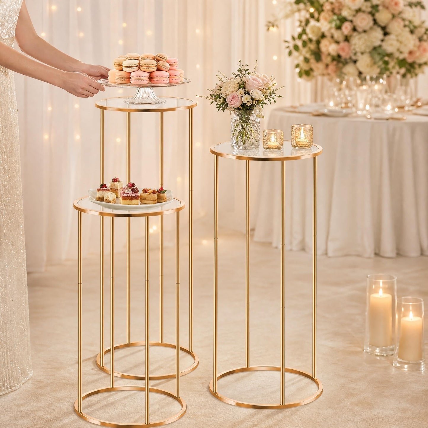 Hafyow 3PCS Round Cylinder Pedestal Stands Set, Gold Metal Display Columns with Removable Acrylic Tops, Sturdy Iron Nesting Risers for Wedding Party Dessert Table, Floral Vases and Event Decor (23.6", 31.5", 39.3" Heights)