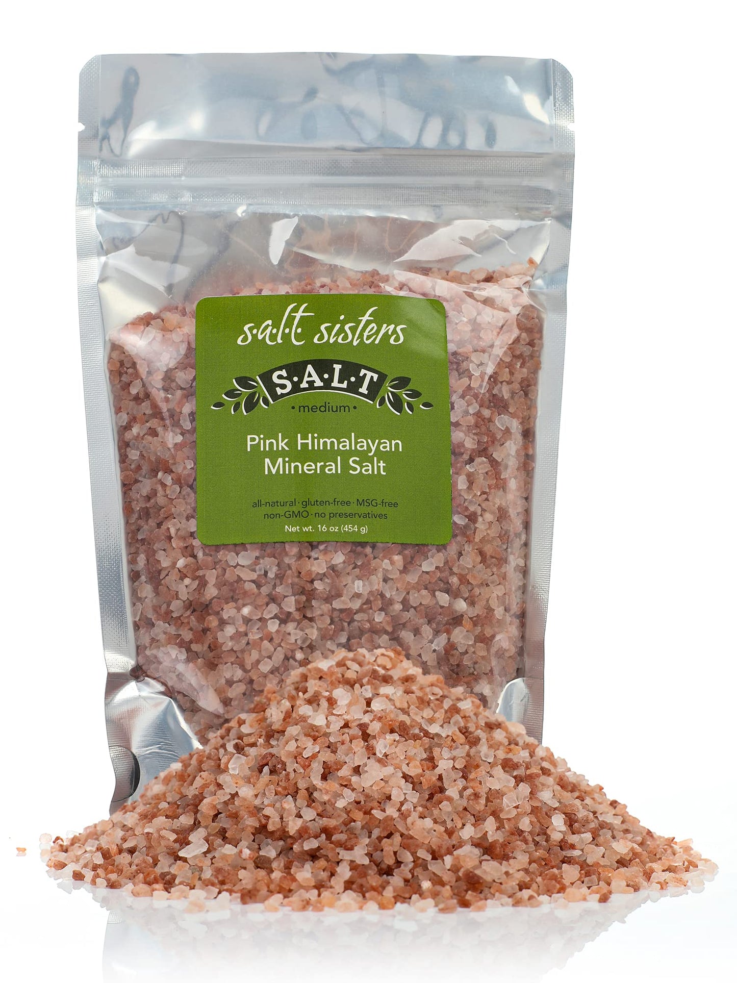 s.a.l.t. sisters Pink Himalayan Mineral Salt, medium | All-Natural, Gluten Free, MSG Free, Non-GMO | Easily Dissolvable Medium Sea Salt | Versatile Salt for Meat, Fish, Vegetables, and More | 1lb