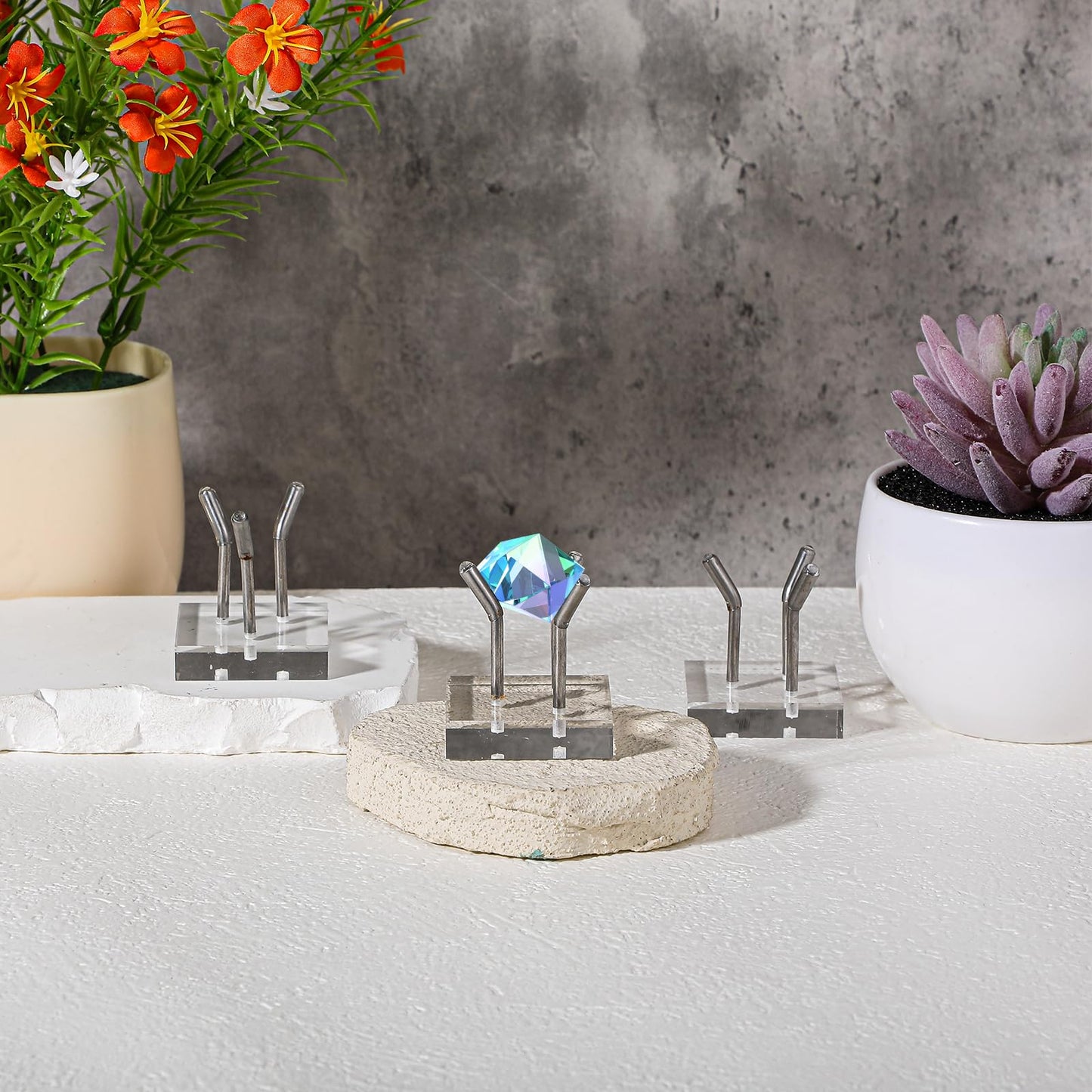AojSup 8 Pack Clear Acrylic Display Stand, Metal 3 Peg Rock Display Easel Stands 3 Peg Displays Stand for Fossil Coral Crystal Geodes Rock Mineral Agate Small Collectibles Acrylic Holder