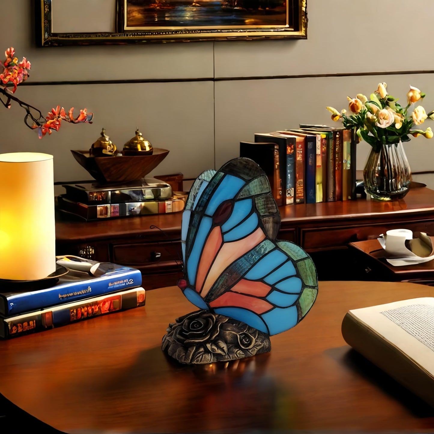 Aotmkj Tiffany Style Bedside Table Lamp Blue Butterfly Rose Nightstand Lamps Stained Glass Shade Home Decor Office Desk Lamp 。