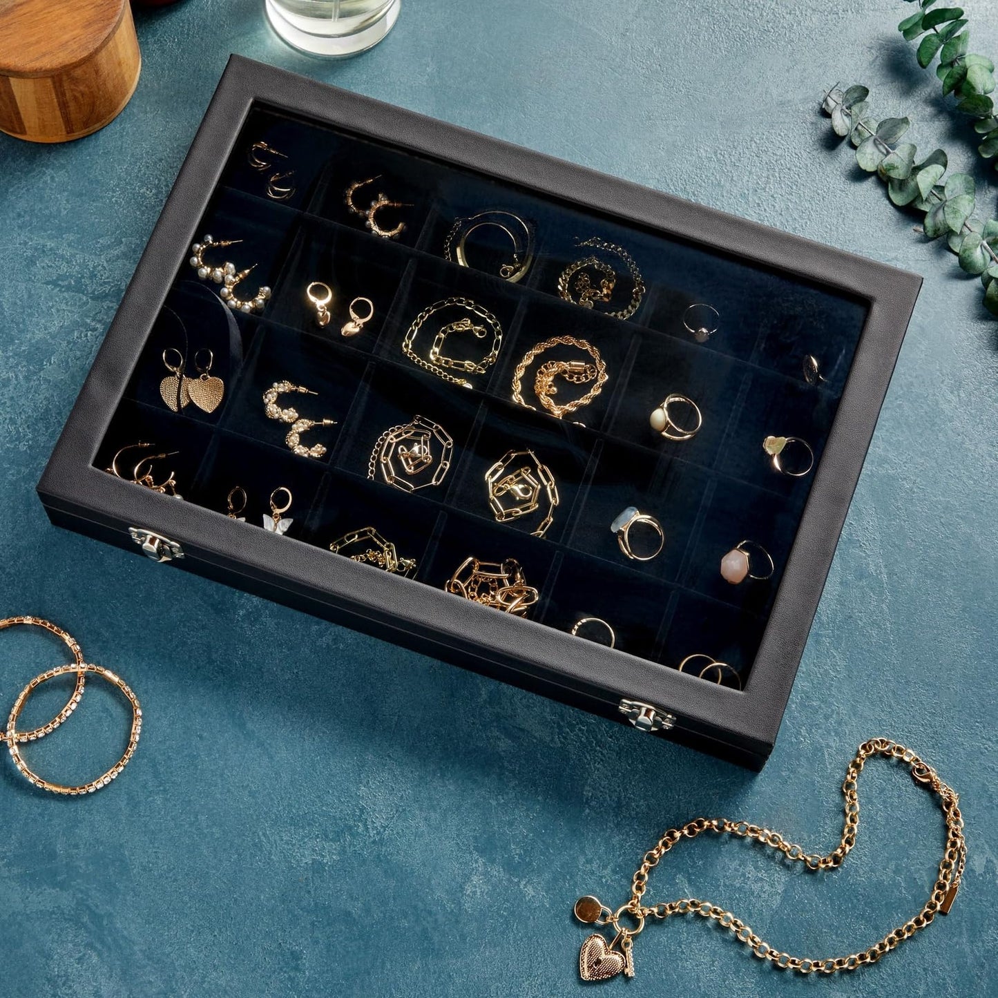 Juvale Black Velvet Jewelry Display Tray Organizer Case - Jewelry Display for Vendors w/Glass Cover - 24 Slot Tray with Removable Grids - Crystal & Rock Collection Box - Black 14 x 9.5 x2 in