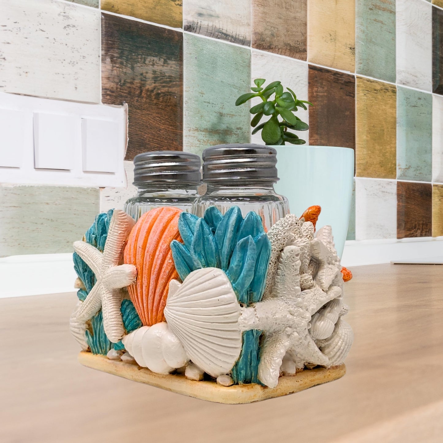 Seaside Splendor Salt and Pepper Shakers Set – Coastal Beach-Themed 3D Resin Design with Seashells & Starfish, Nautical Decor for Kitchens, Dining Rooms, and Beach Houses, Includes 2 Bottles