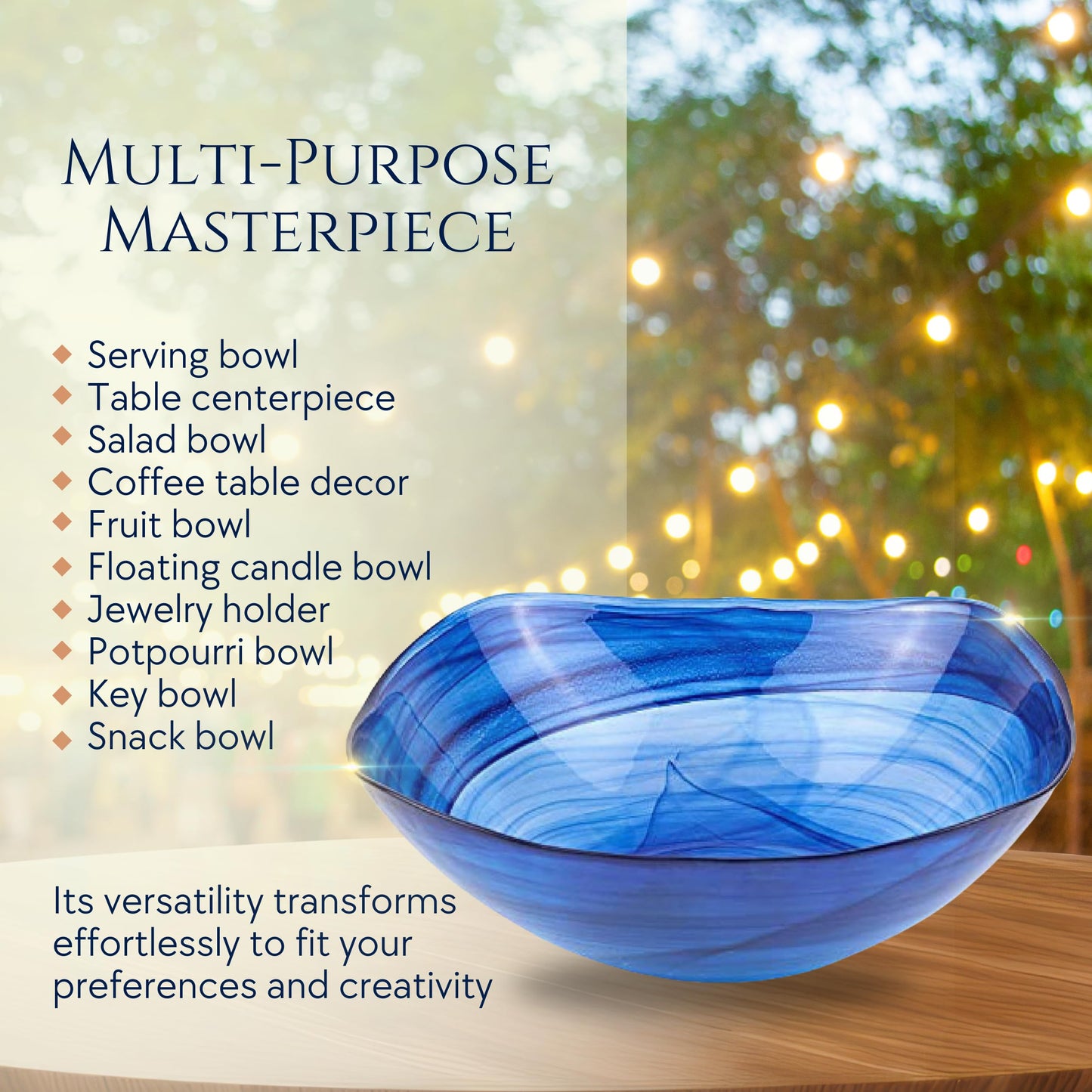 Badash Decorative Glass Serving Bowl, Alabaster Glass Centerpiece Fruit Bowl, Home Décor Table Accent Bowl, 10” Diameter, Cobalt Blue